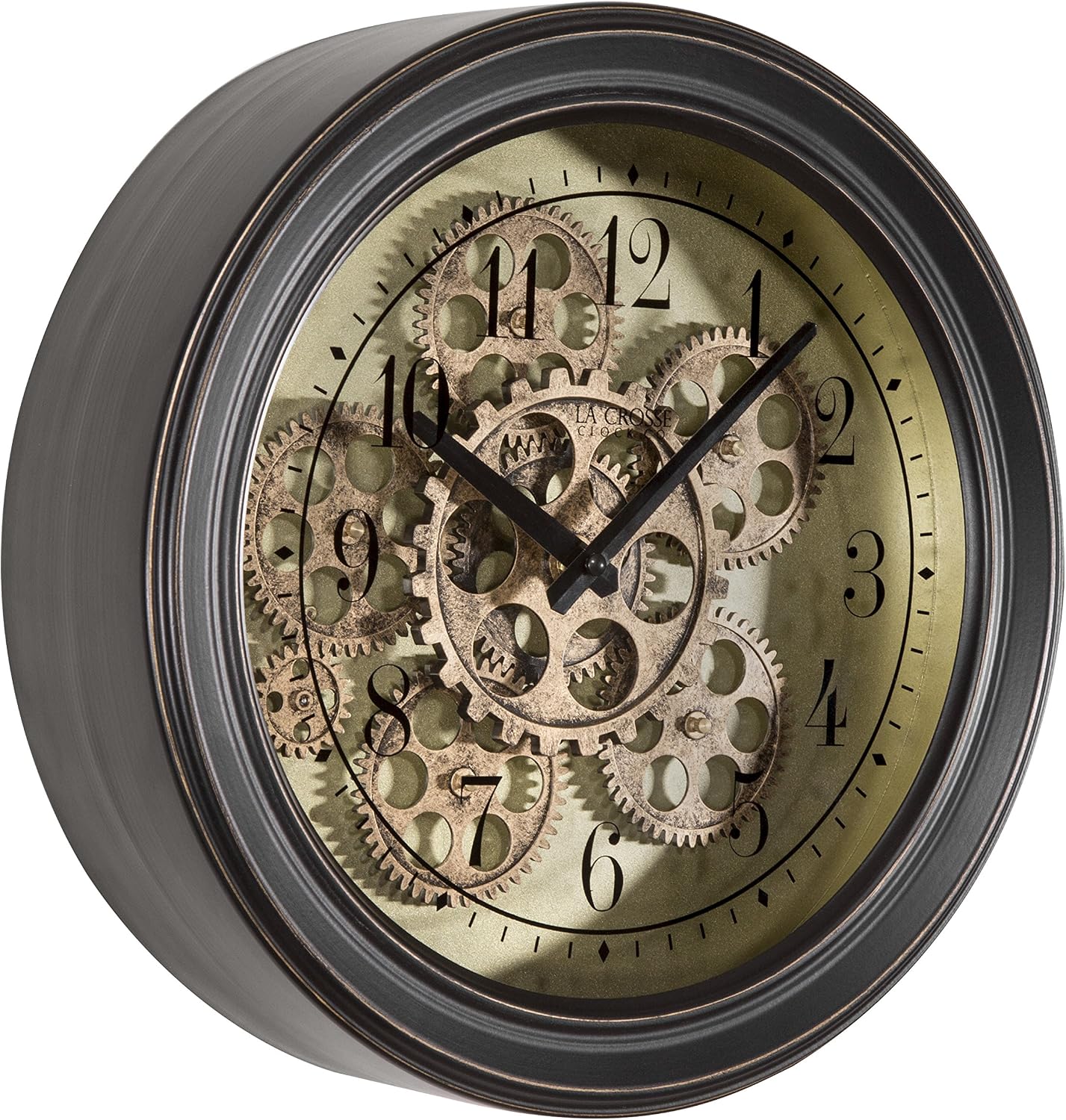 LaCrosse BBB85289 13 in. Metal Clock with Working Gears, Brown