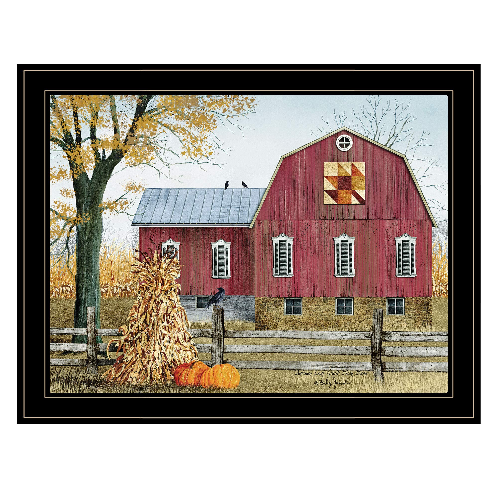 Trendy Decor4UAutumn Leaf Quilt Block Barn by Billy Jacobs Printed Wall Art, 27 Inch x 21 Inch, Black Frame