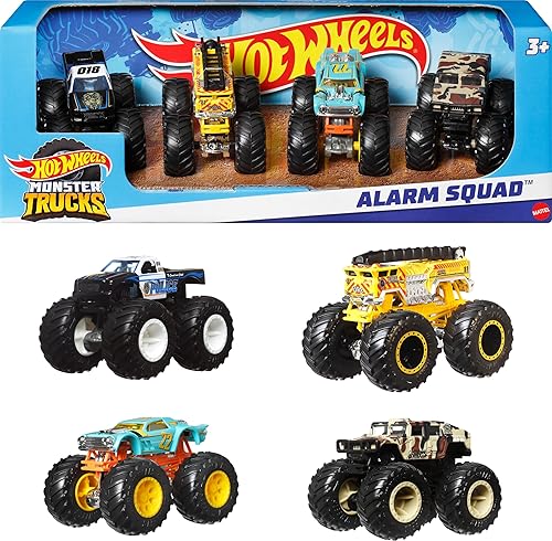 Hot Wheels Monster Trucks, Camiones Monstruo de Juguete a Escala 1:64, Juego de 4, Ruedas Gigantes, Personajes Favoritos y Diseños Geniales