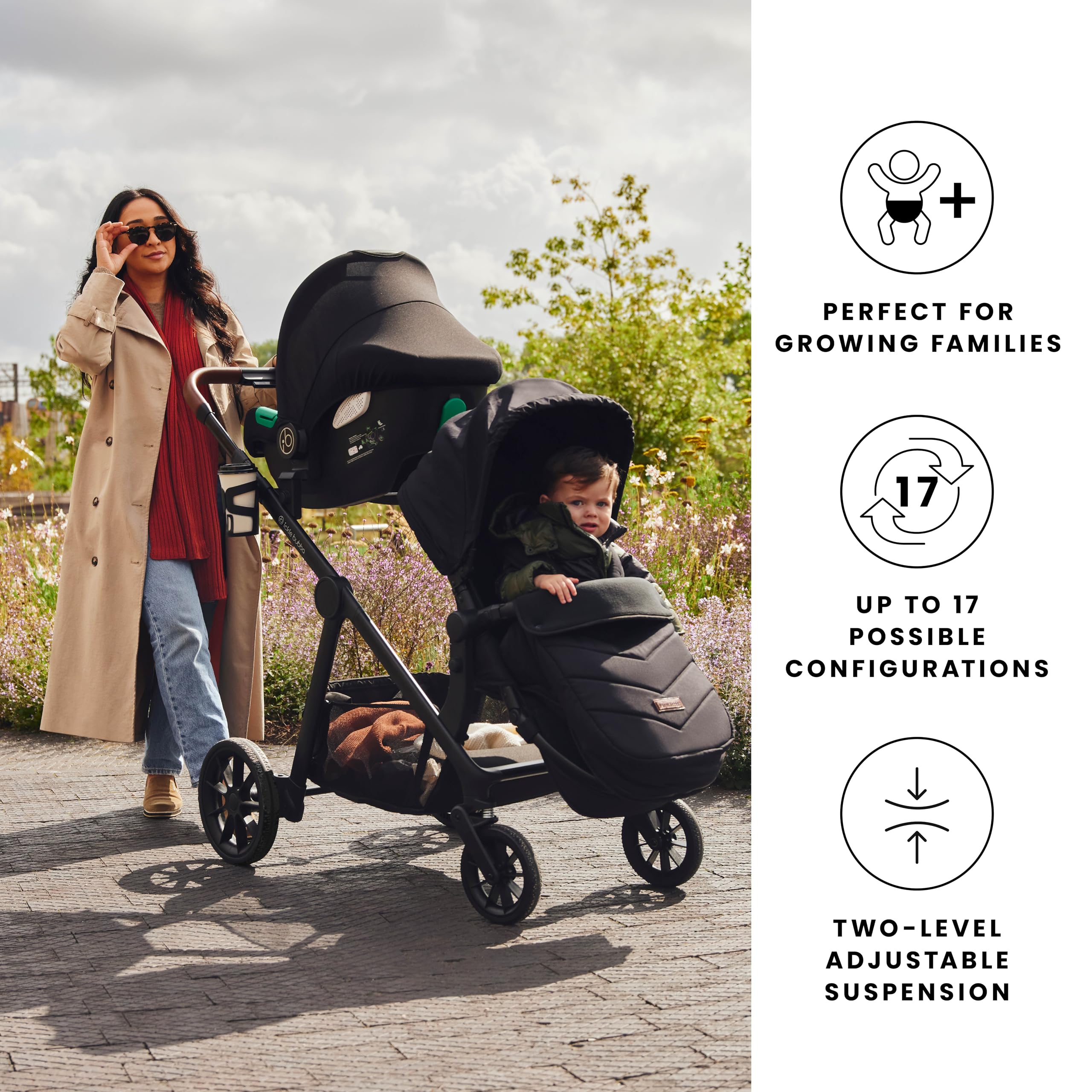 Ickle Bubba Virgo Twin Système de voyage 11 pièces – Convient dès la naissance, poussette tandem avec nacelle, chancelière et accessoires (noir)