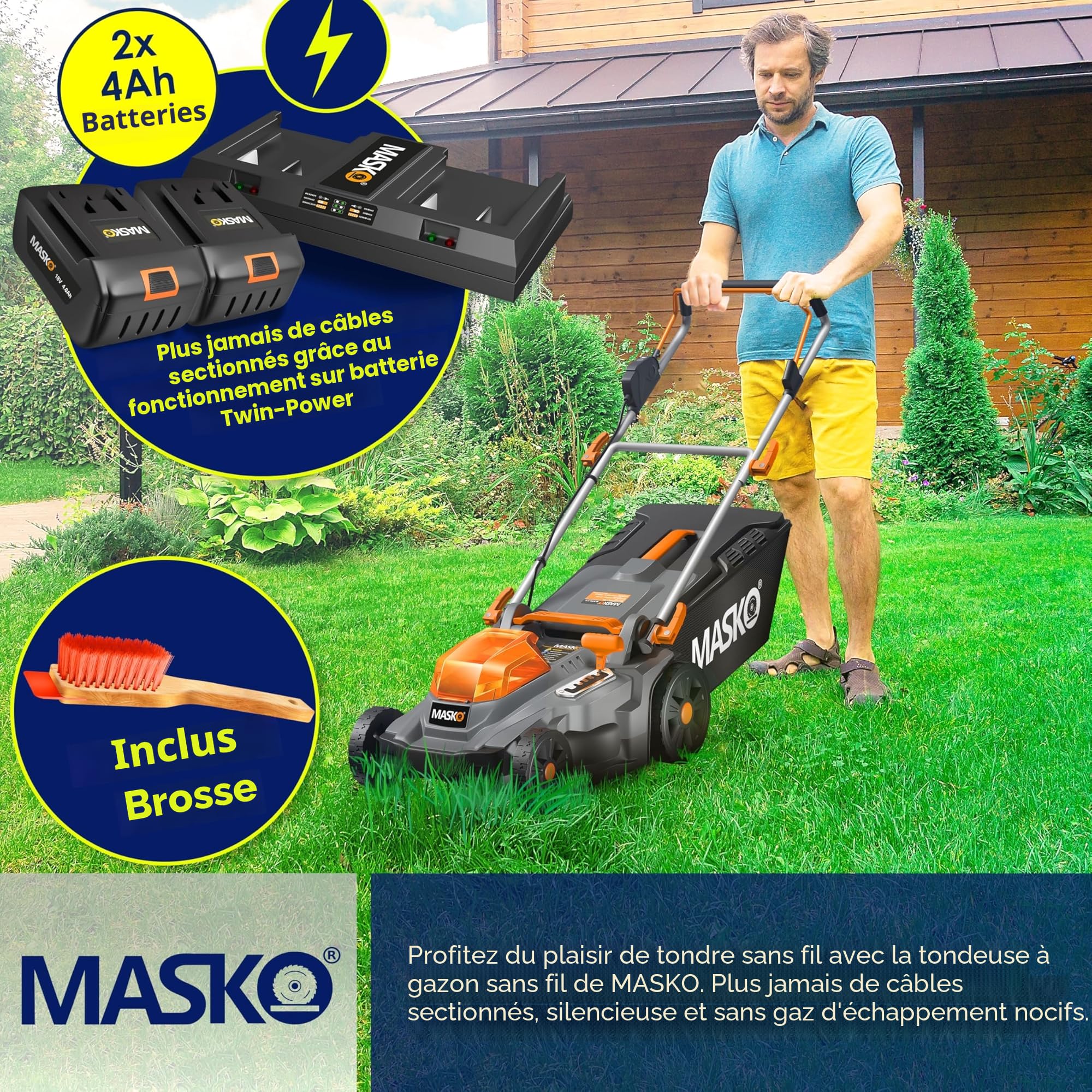MASKO Tondeuse à Gazon Mulching 43cm 2 Batteries Double Chargeur Bac 55L 650m²