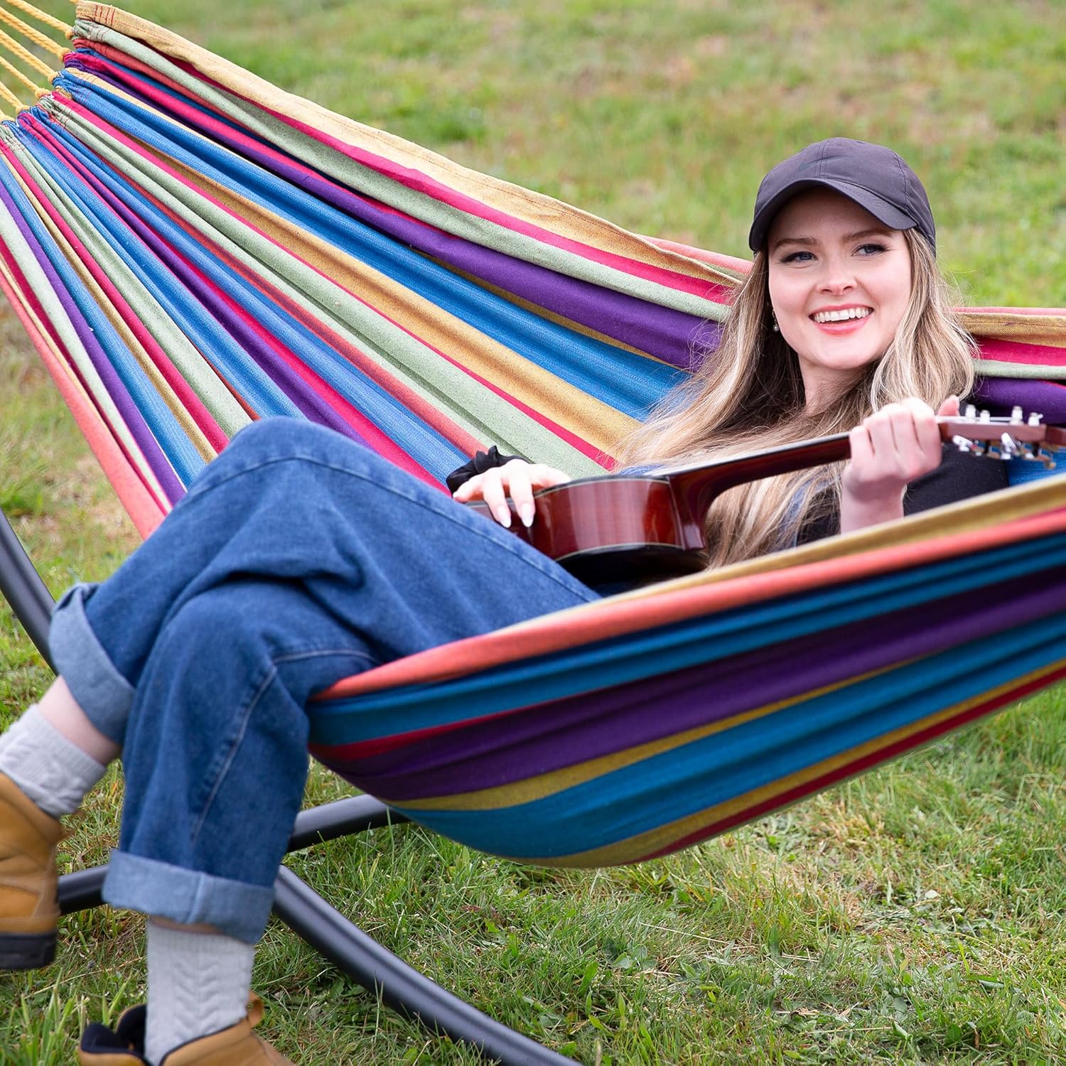 SUNCREAT Outdoor Double Hammock, Portable Tree Colorful Hammock, Colorful Stripes