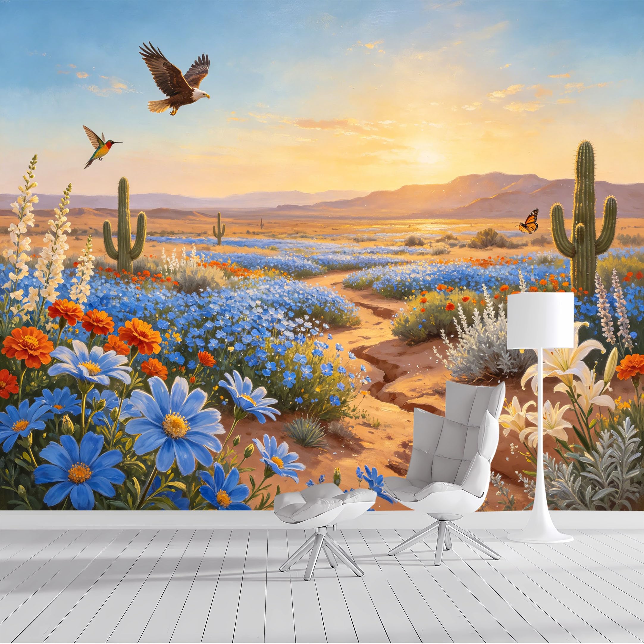Custom Size Wall Mural Desert Landscape Floral Eagle Watercolor Oil Painting SelfAdhesive Wall Fabric Removable Peel and Stick Wallpaper Wall Decor for Living Room Bedroom Bathroom