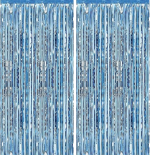 Paquete de 2 cortinas de oropel azul claro de 3.28 pies x 6.56 pies para fiesta, telón de fondo metálico con flecos para Halloween, Navidad,