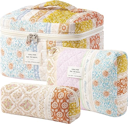Miniatura 16 de HBselect Bolsa de Maquillaje Acolchada, 3 Piezas de Gran Bolsa de Maquillaje de Viaje de Algodón, Linda Bolsa de Maquillaje Floral Coquette, Bolsa