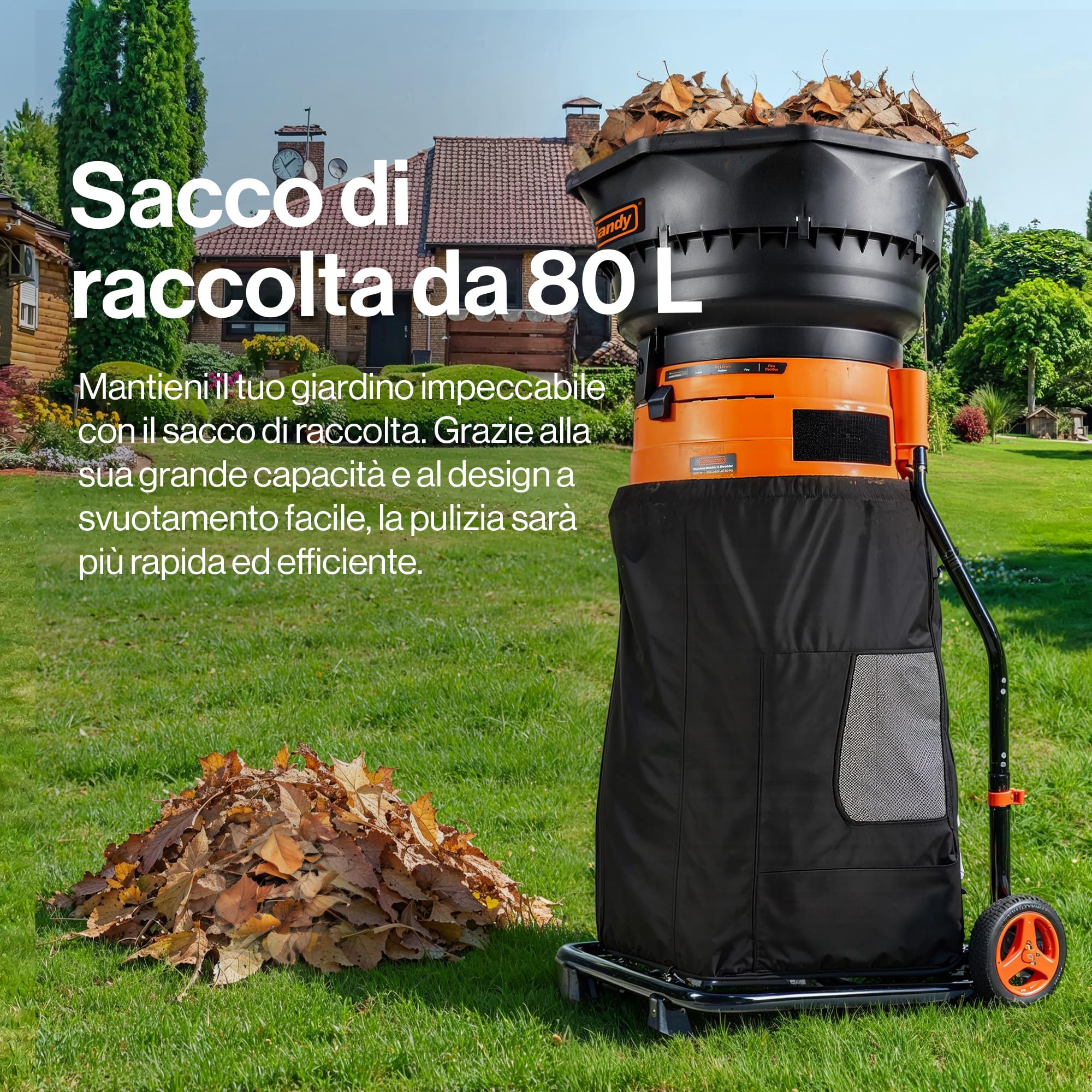 SuperHandy Mulcher & Broyeur sans lame per foglie da giardino – Motore da 1800W, Imbuto da 50 cm, Rapporto di triturazione 16:1, Sacco di raccolta da 80 L, Design leggero da 8,5 kg