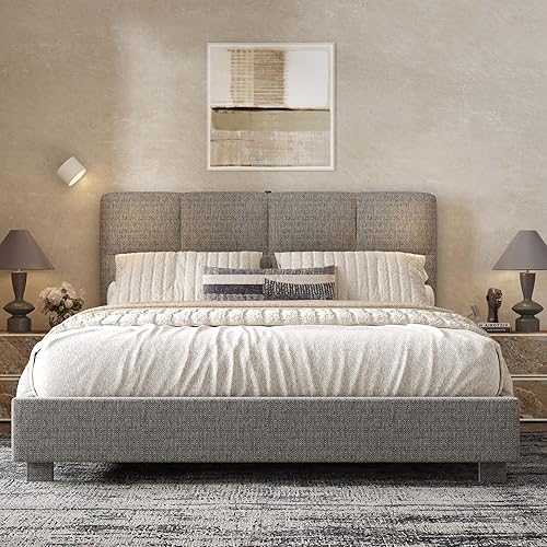 FLEXISPOT Queen Upholstered Platform Bed Frame with Adjustable Headboard, Linen Fabric, 900 lb Weight Capacity, Built-in USB & Type-C Charging Ports, SGS Certified Soft Padded Bed, Light Grey