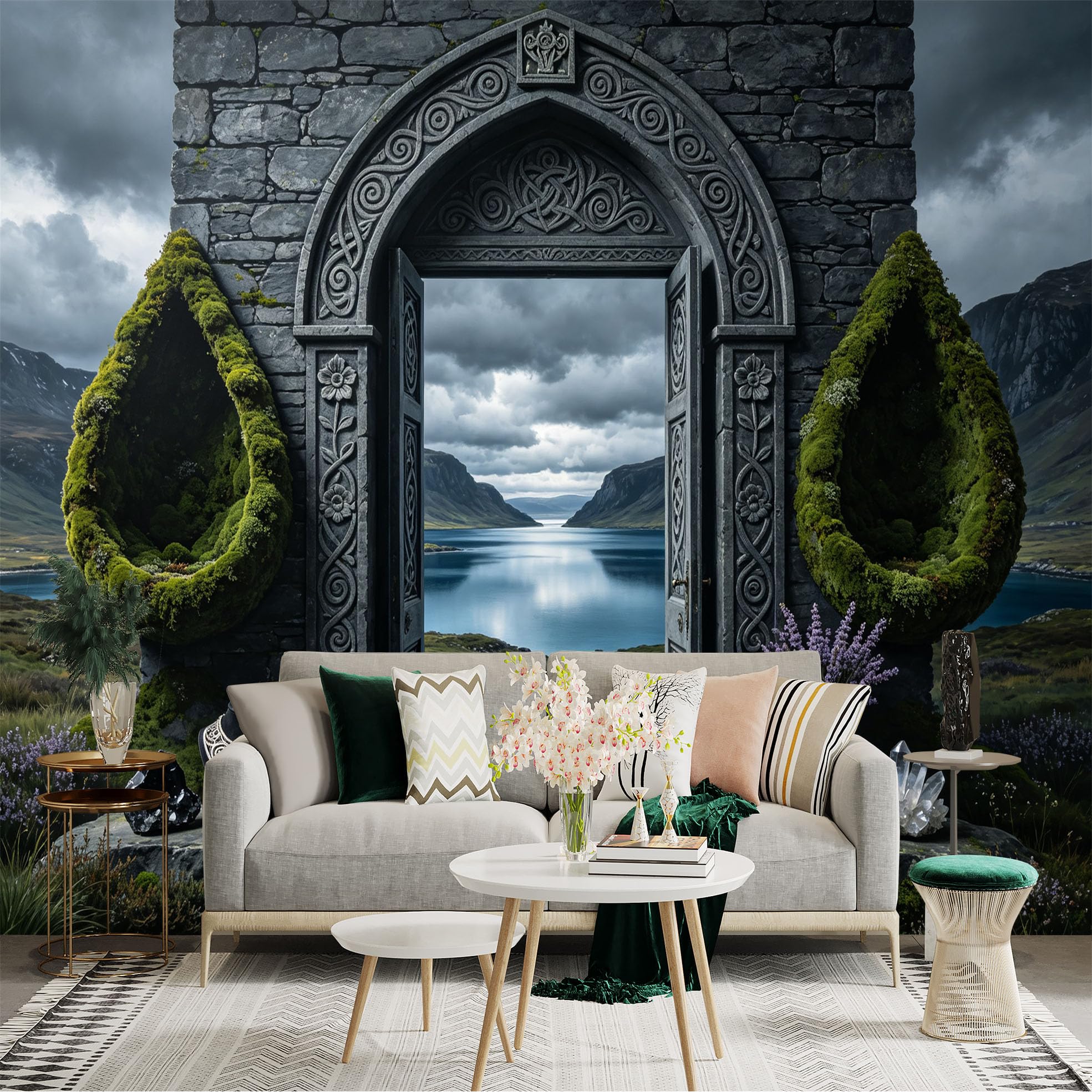 Custom Size Wall Sticker Mural， Mystical Stone Archway， Nordic Lake Landscape， Moss Garden Scenery， Fantasy Nature View， for wall Decoration， peelandstick wall Decals.