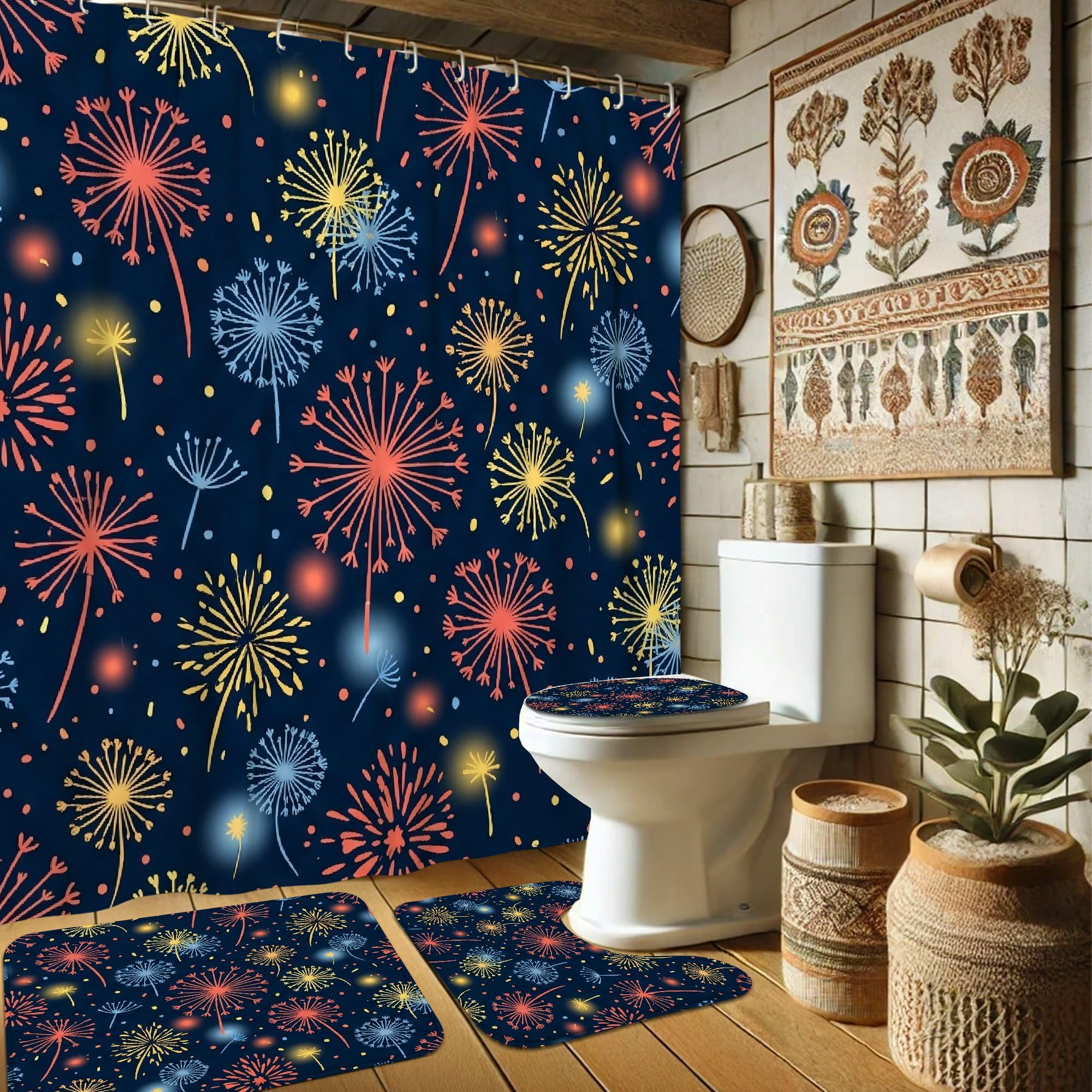Rideaux et tapis de douche feux d'artifice en tissu bleu marine lavable avec crochets