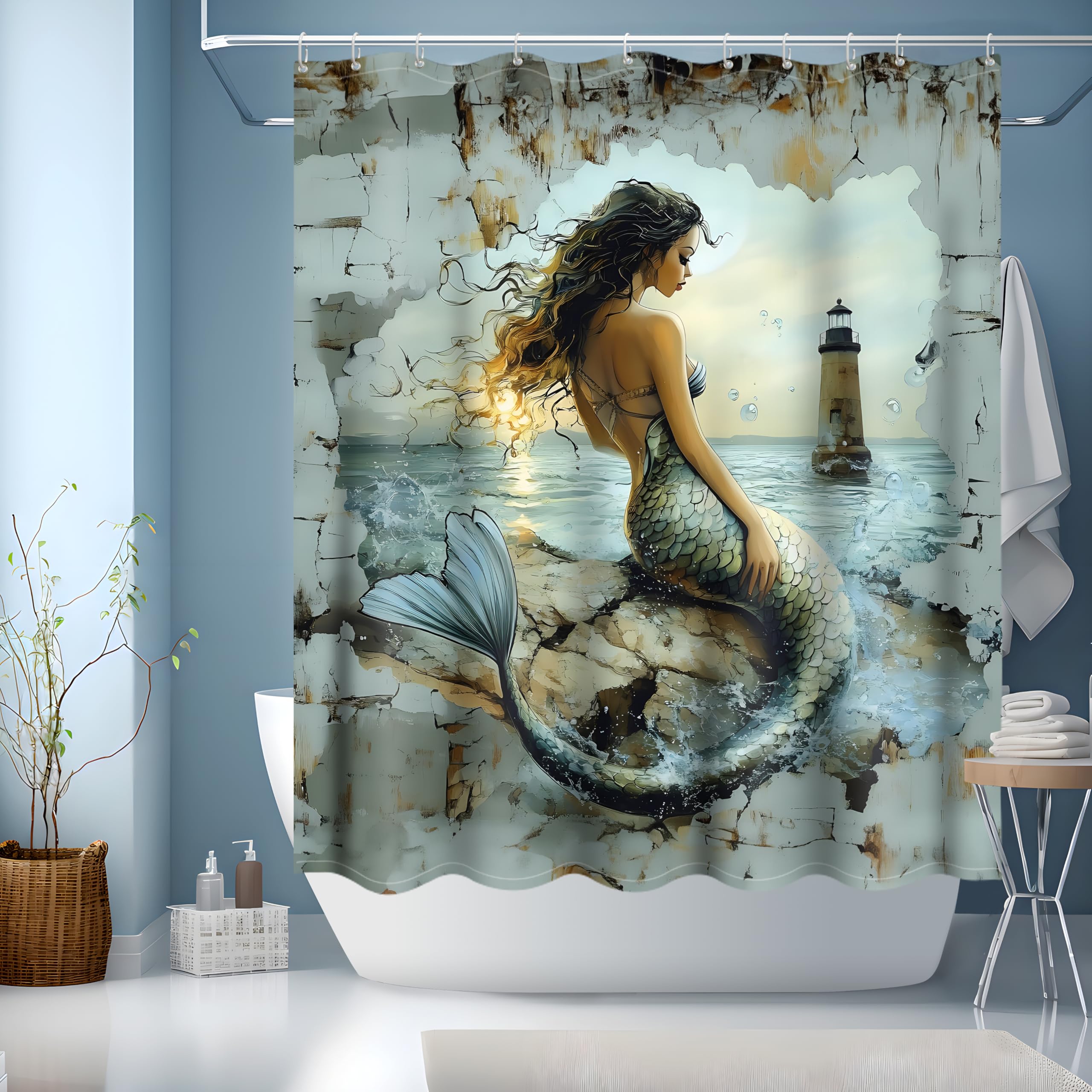 Cortina Ducha 150x180 cm,Cortina de Ducha Originales,Cortinas de Baño Modernas con 12 x Ganchos,Cortina Bañera con Dobladillo Ponderado,Sirena