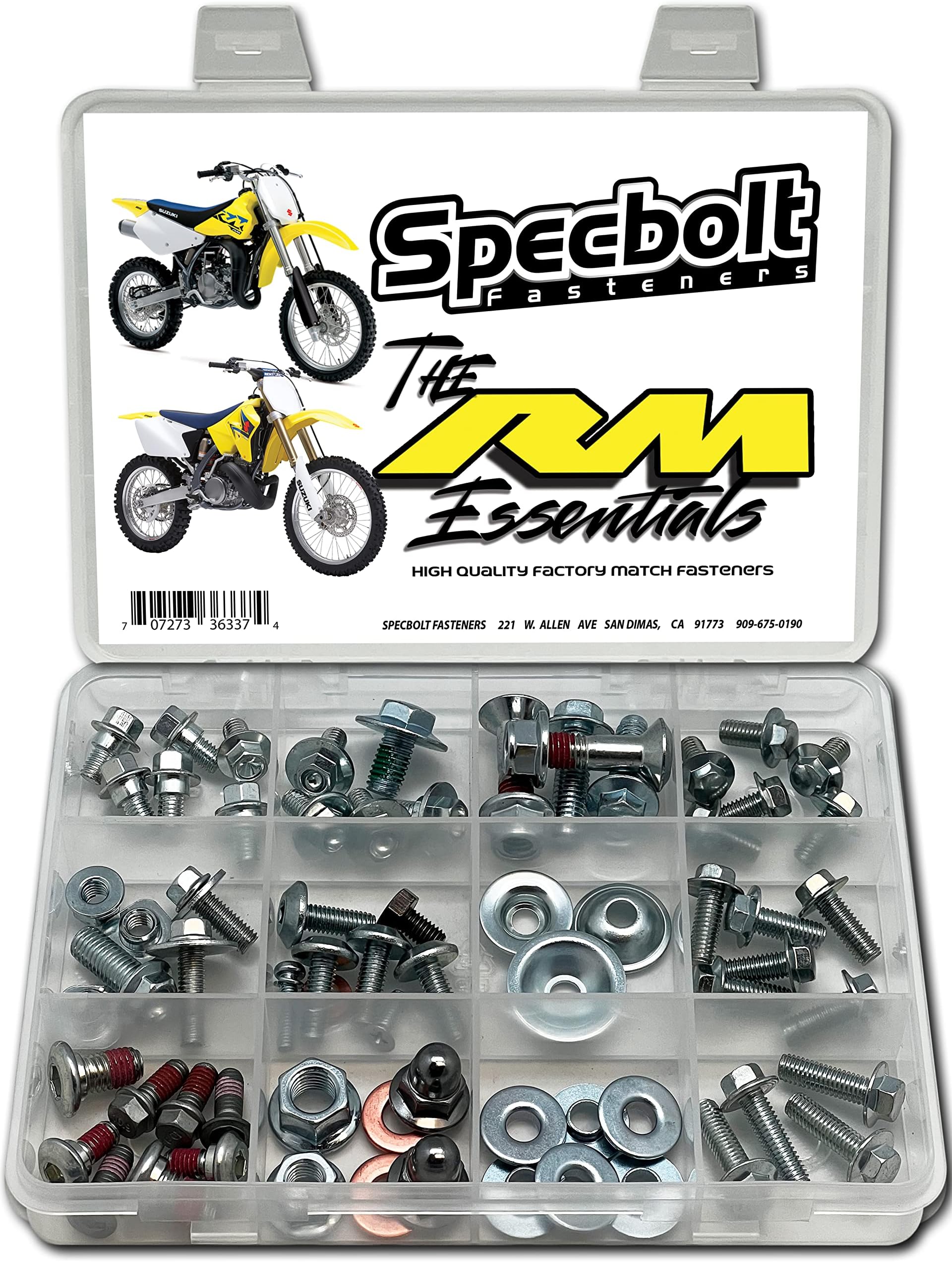 Specbolt RM 85 100 125 250 Essentials Bolt Kit Fits: All Suzuki RM 2 Strokes, Including RM 65 RM85 RM125 RM250 RM500 Kick Start Seat Subframe Fenders Brake Rotors Sprocket Fork Guards and Much More