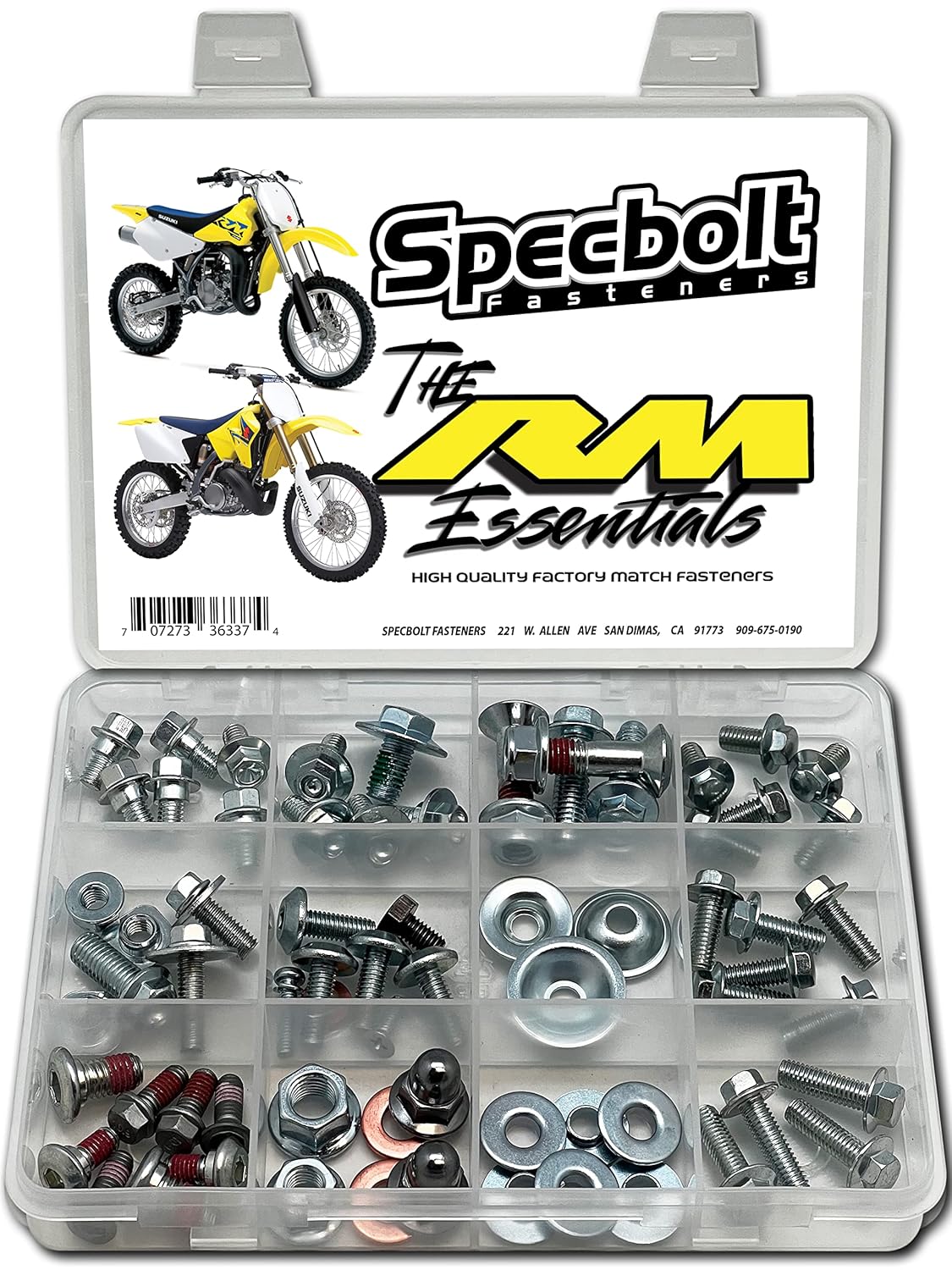 Specbolt RM 85 100 125 250 Essentials Bolt Kit Fits: All Suzuki RM 2 Strokes, Including RM 65 RM85 RM125 RM250 RM500 Kick Start Seat Subframe Fenders Brake Rotors Sprocket Fork Guards and Much More