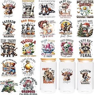Funny UV DTF Cup Wraps, Transfer Stickers for Glass Tumblers | 20 Sheets Waterproof Funny UV DTF Transfer Stickers for Glass Cups, DIY Cup Decorating and Crafts