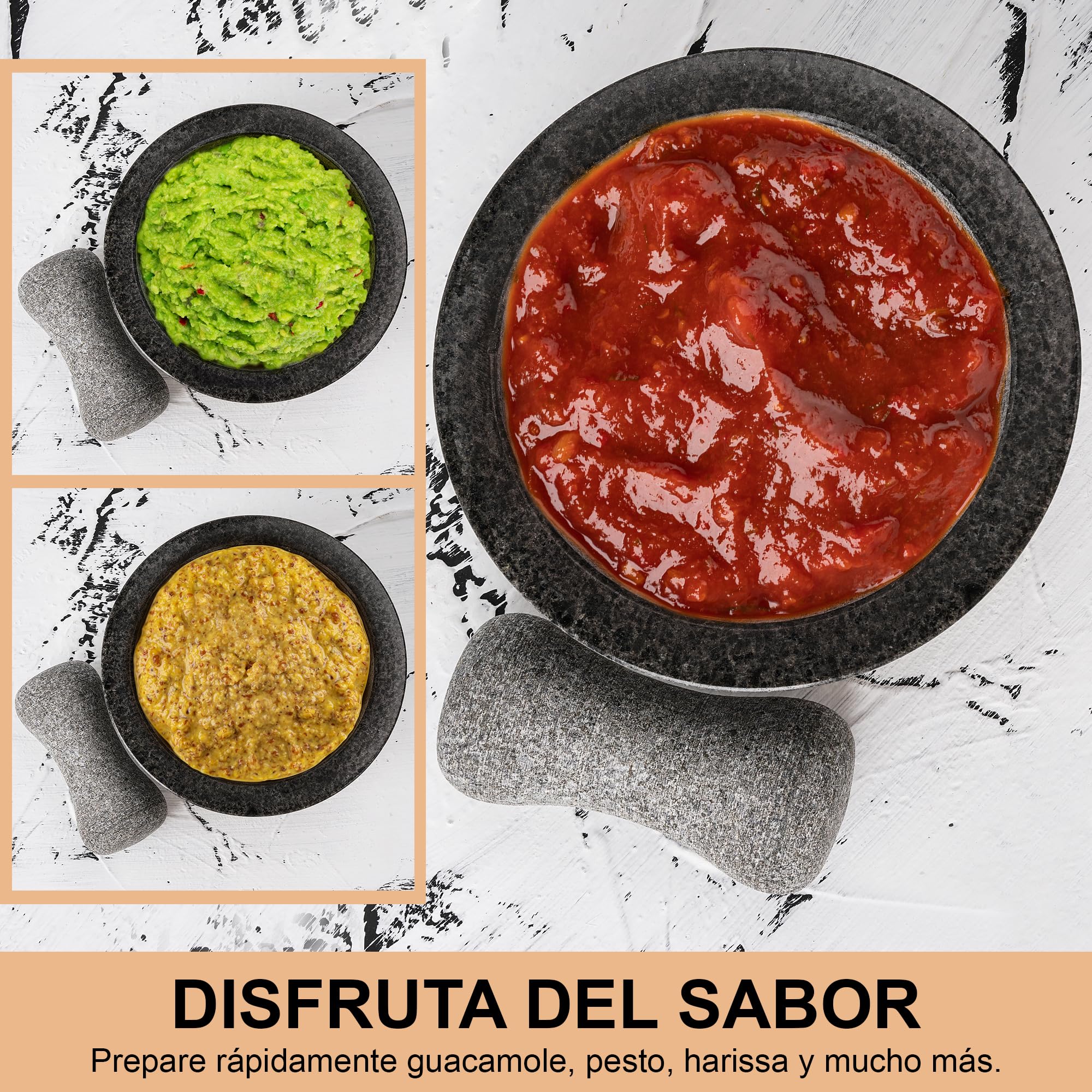 Tortillada – Juego de mortero y maja de 16cm, grande, hecho de granito natural con base de madera antirayaduras, molinillo de hierbas y especias de granito con 50 recetas, color negro