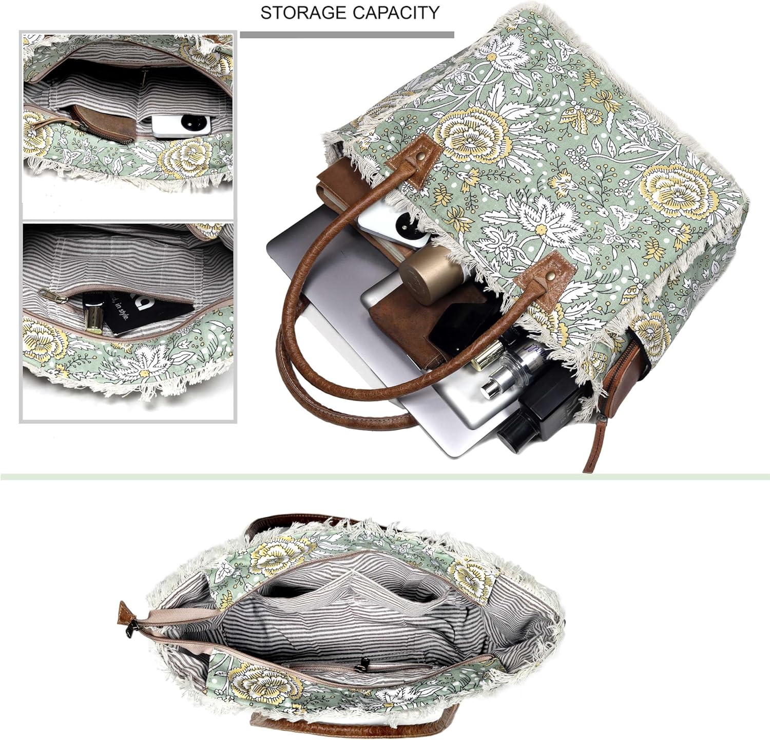 Boho Floral Canvas Tote Bag – Large Green Shoulder Bag with Fringe & Leather Handles | Laptop/Work/Everyday Bag for Women - Image 6