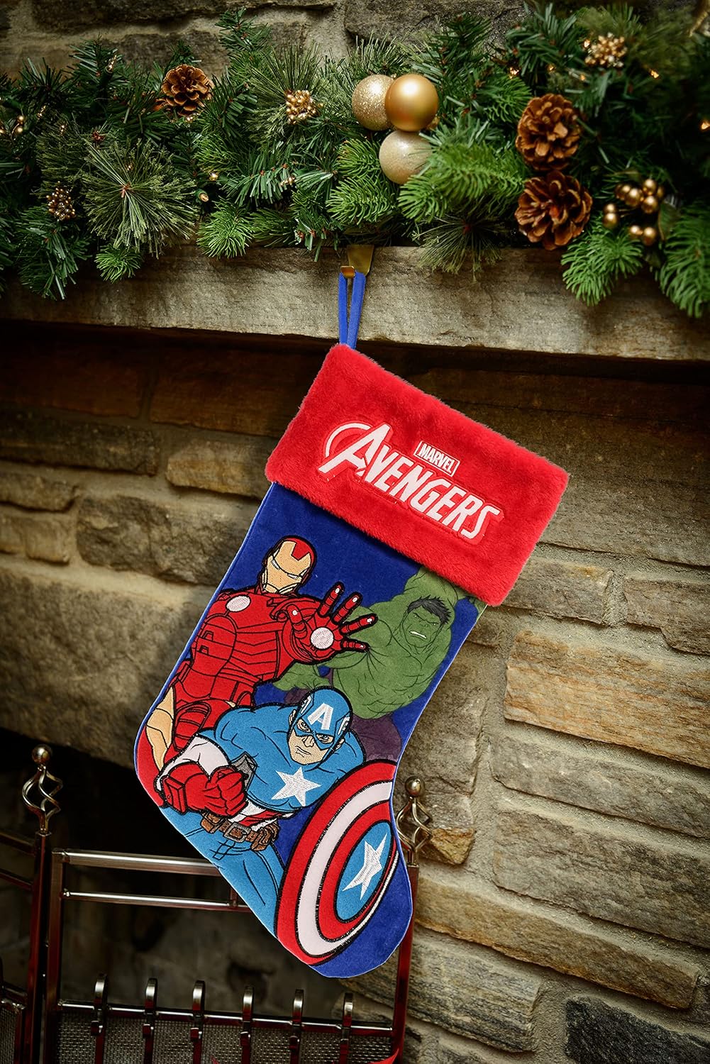 Ruz Avengers 20" Applique Christmas Stocking, Gift Holder for Stocking Stuffers, Indoor Home Decor and Holiday Decoration, Blue