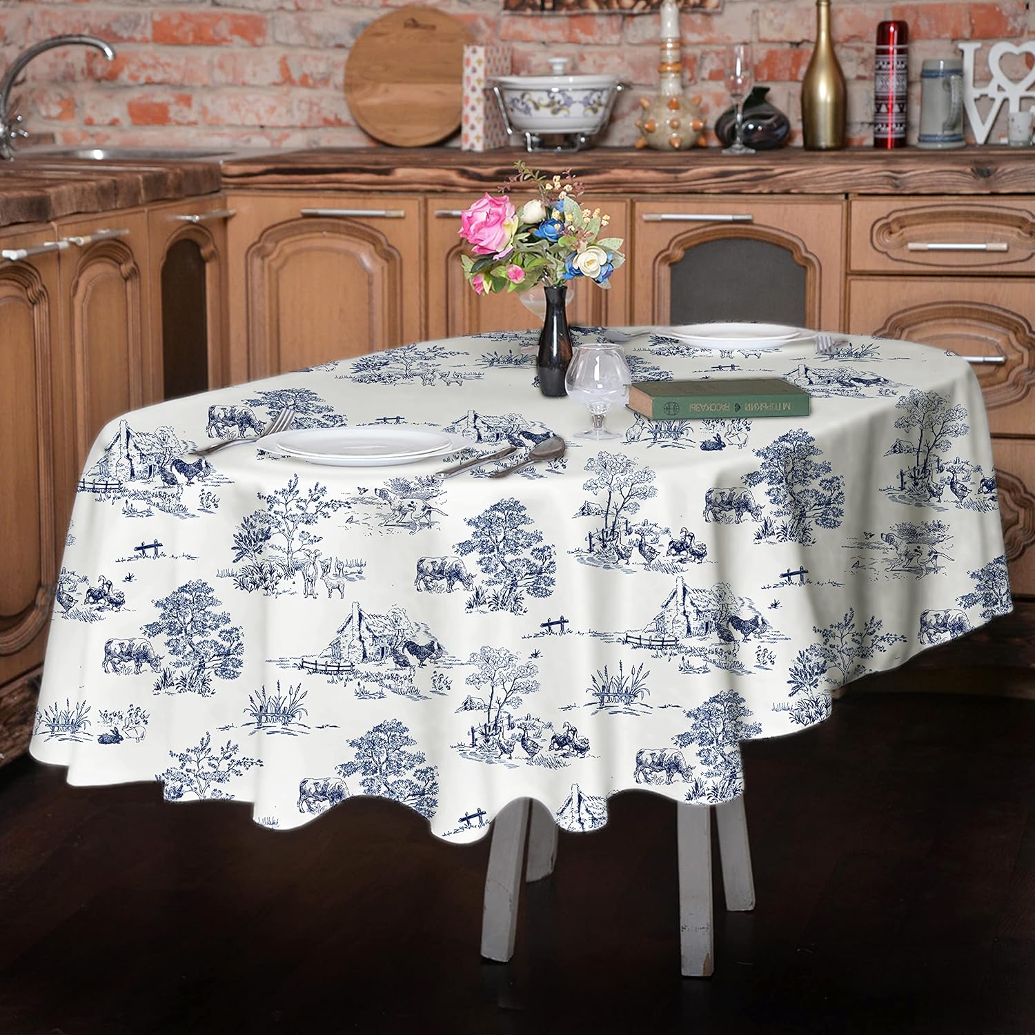 Rustic Oval Tablecloth 60x84 Inch,Blue and White Country