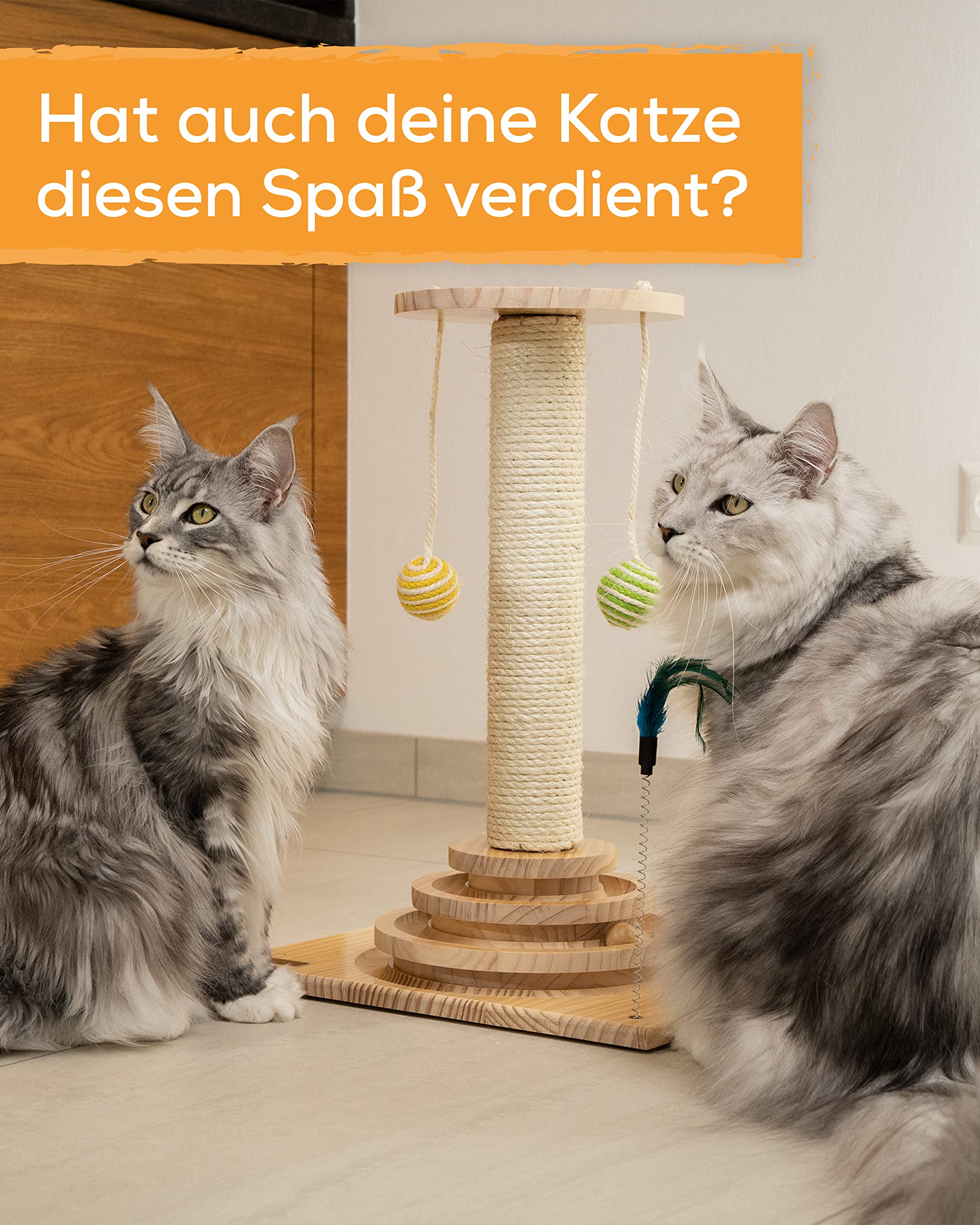 Kratzstamm für Katzen - Interaktives Katzenspielzeug mit 40cm-hoher Kratzsäule, Feder & Rasselbällen - Kratzbaum klein - Katzen Kratzmöbel