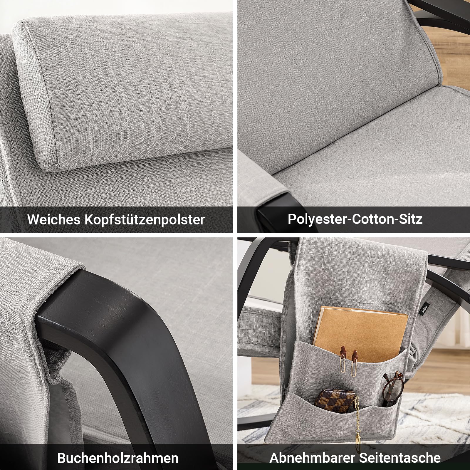 SoBuy Schaukelstuhl mit Polster, Schaukelsessel mit Kopfstütze und Verstellbarer Fußstütze, relaxsessel mit Seitentasche - Grau FST20-HG