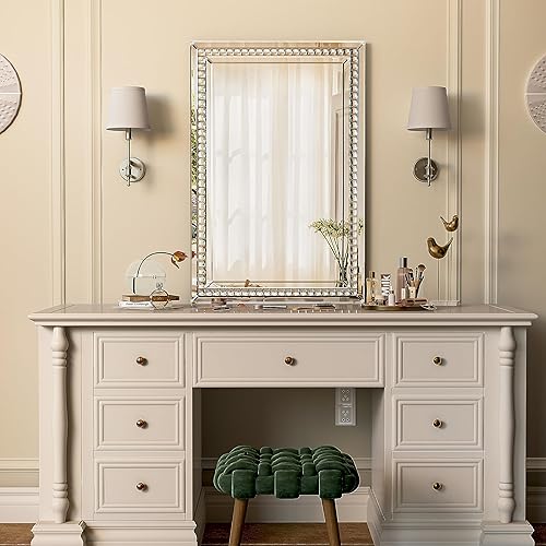 Miniatura 5 de Espejo rectangular de pared de cristal de 36 x 23 pulgadas, elegante espejo de pared con acento de diamante para decoración, bonito espejo colgante