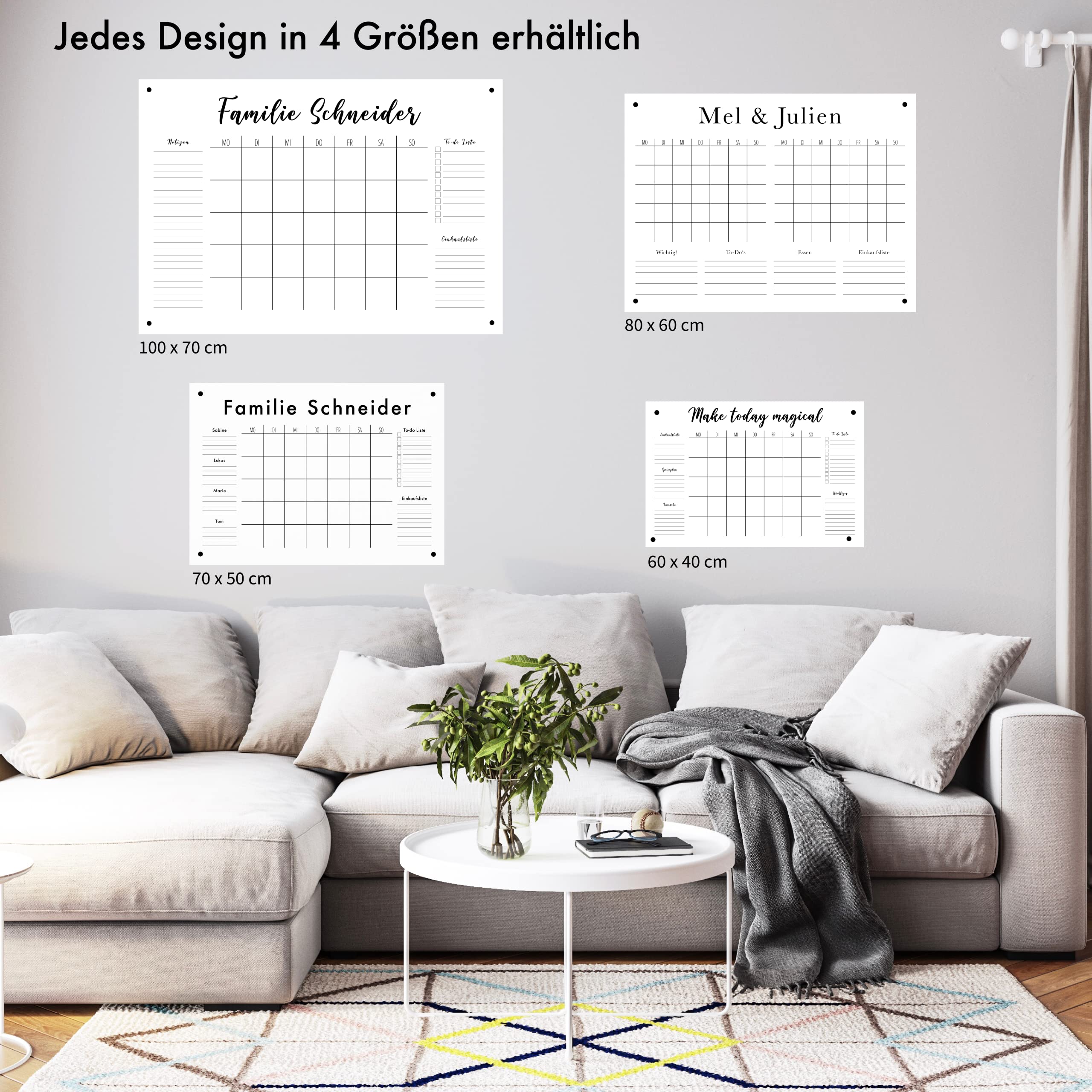 personalisierter Wandkalender - wählbar 3 bis 5 Namen - wiederverwendbarer Kalender aus Acrylglas - Familienplaner abwischbar - Hingucker für jeden Raum