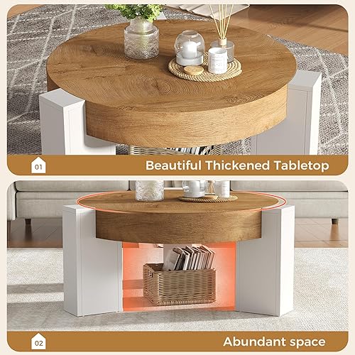 Miniatura 4 de Round Coffee Table, Heavy Duty Center Tables with Annual Ring Pattern, Farmhouse 31.5" Wooden Coffee Table and 3.1" Thick Desktop, Circular Side