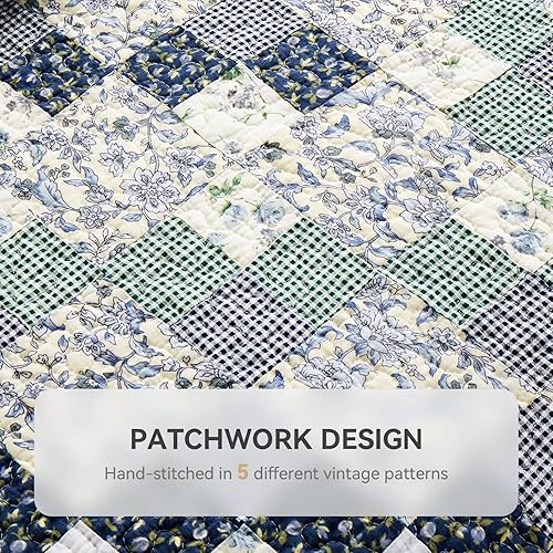 Miniatura 10 de Juego de edredón de retazos, tamaño King, tradicional, hecho a mano, reversible, 100% algodón, vintage, azul, a cuadros (106 x 96 pulgadas), juego