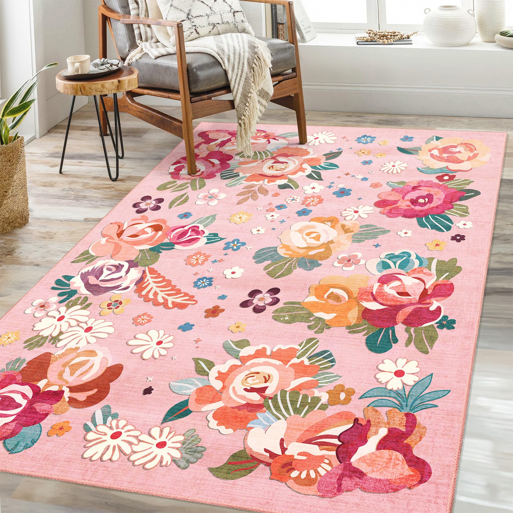 Castage Pink Floral Rug 3x5,Boho Washable Area Rugs for Bedroom Living Room Kitchen Entryway Bedside,Small Vintage Farmhouse Bohemian Oriental Non
