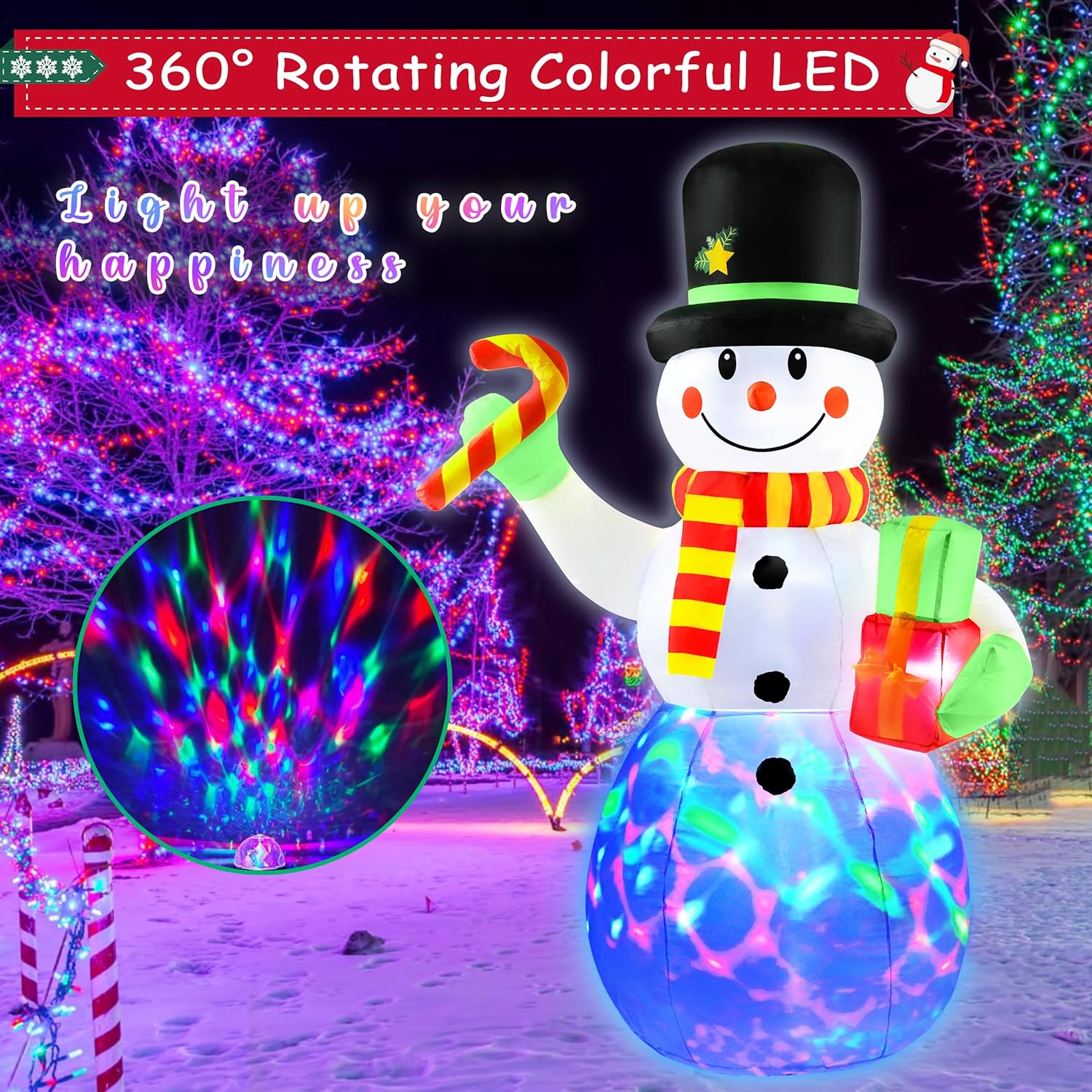 7 FT Christmas Inflatables Snowman Outdoor Decorations with Candy Cane Gift Box, Blow up Snowman Yard Decor Bright Colorful Rotating LED, Weatherproof Holiday for Garden Patio Lawn Party Xmas Gifts