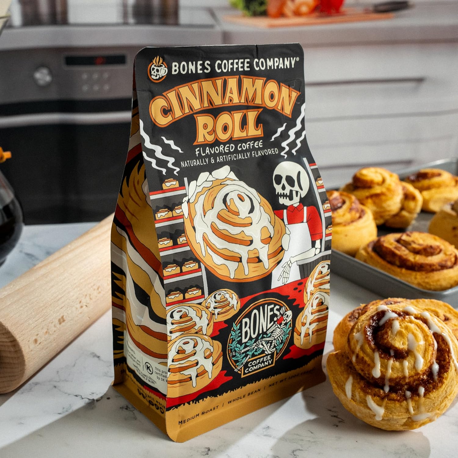 Bones Coffee Company Army of the Dark Chocolate and Cinnamon Roll Flavored Ground Coffee Beans Bundle | 12 oz Medium Roast Arabica Low Acid Coffee (Ground)