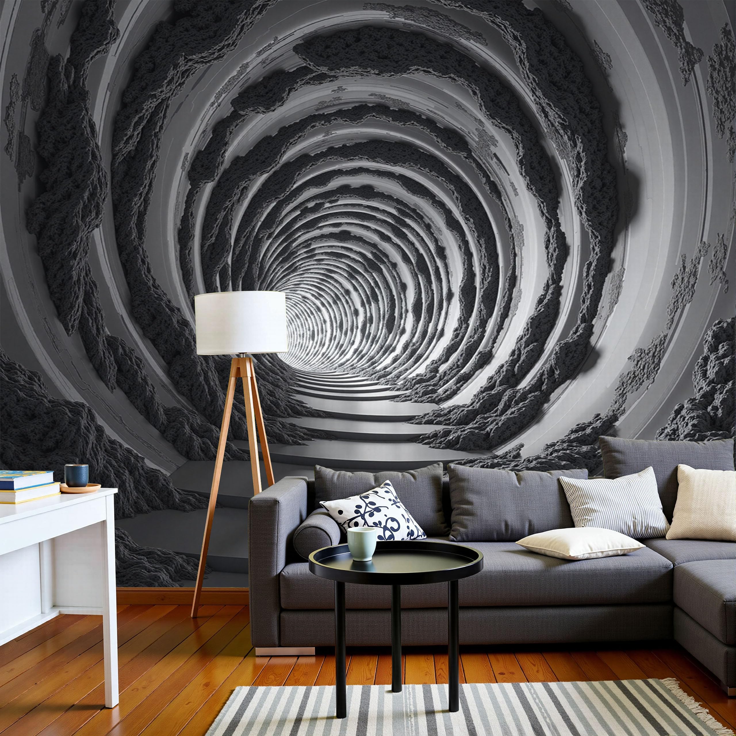 Carta Da Parati 3D Fotomurale Tunnel A Spirale 3D Illusione Visiva Fotografica Design Nero Per Pareti Camera Soggiorno Divano Tv Hotel Corridoio Sfondo Dipinto Murale 200X140Cm