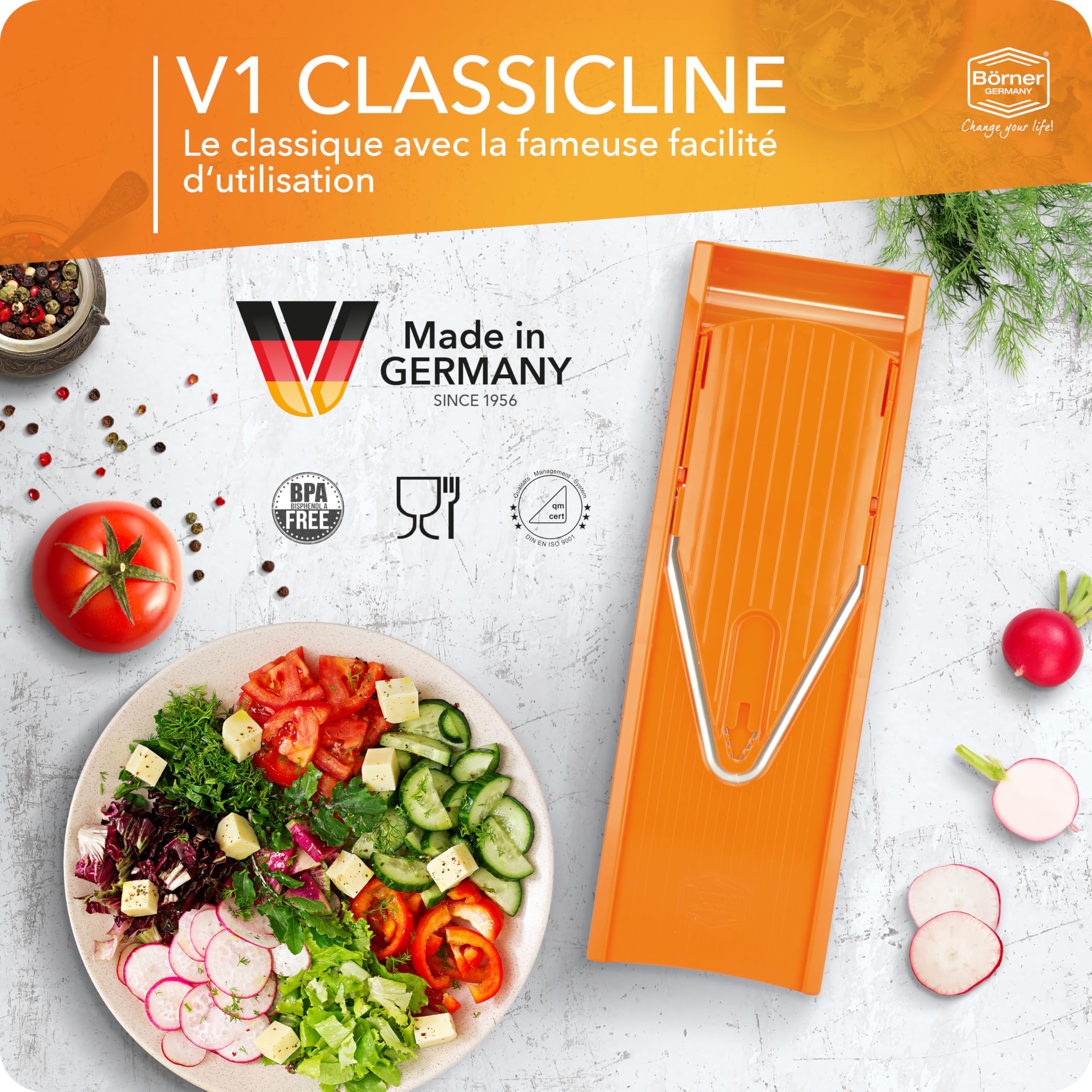 Börner Mandoline V1 ClassicLine (Starter Set) • Mandoline Réglable pour Légumes & Fruits • Avec 4 Inserts, Porte-fruits • Coupe-légumes pour tranches, lamelles & dés • Orange
