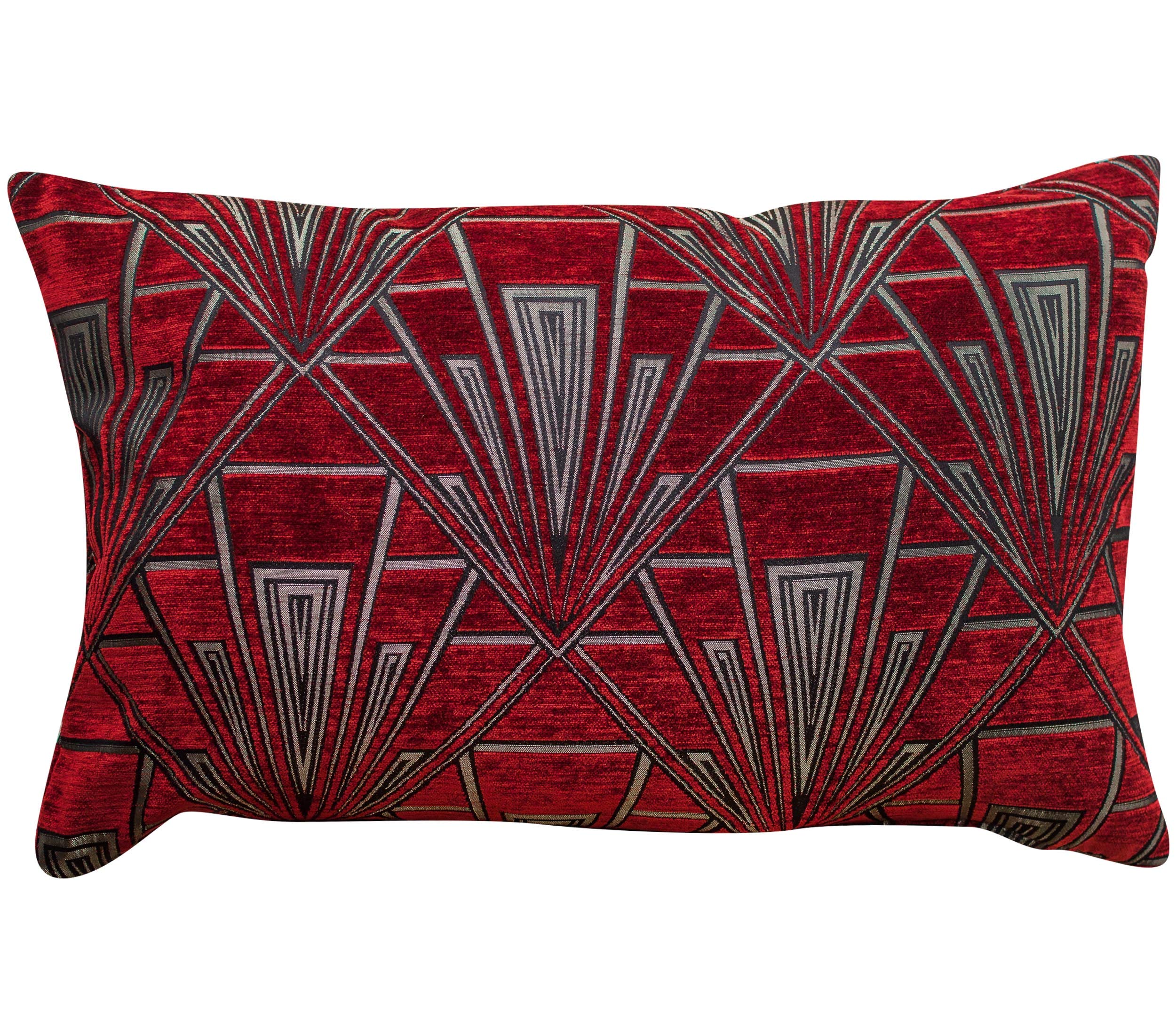 Linen Loft Art Deco XL Rectangular Cushion Cover. Geometric Silver and Red Velvet Chenille. 23x15 (58x38cm) Double Sided. Pillow Case. 20s and 30s Style.