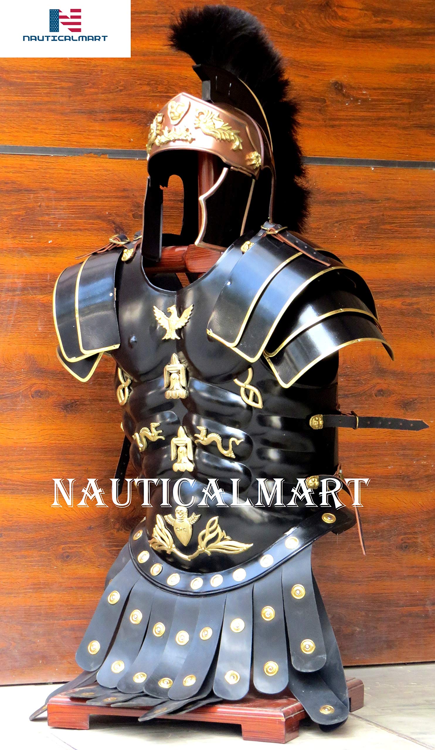 NauticalMart Medieval Roman Black Muscle Armor Cuirass Set W/Shoulders And Helmet W/Plume Halloween Costume