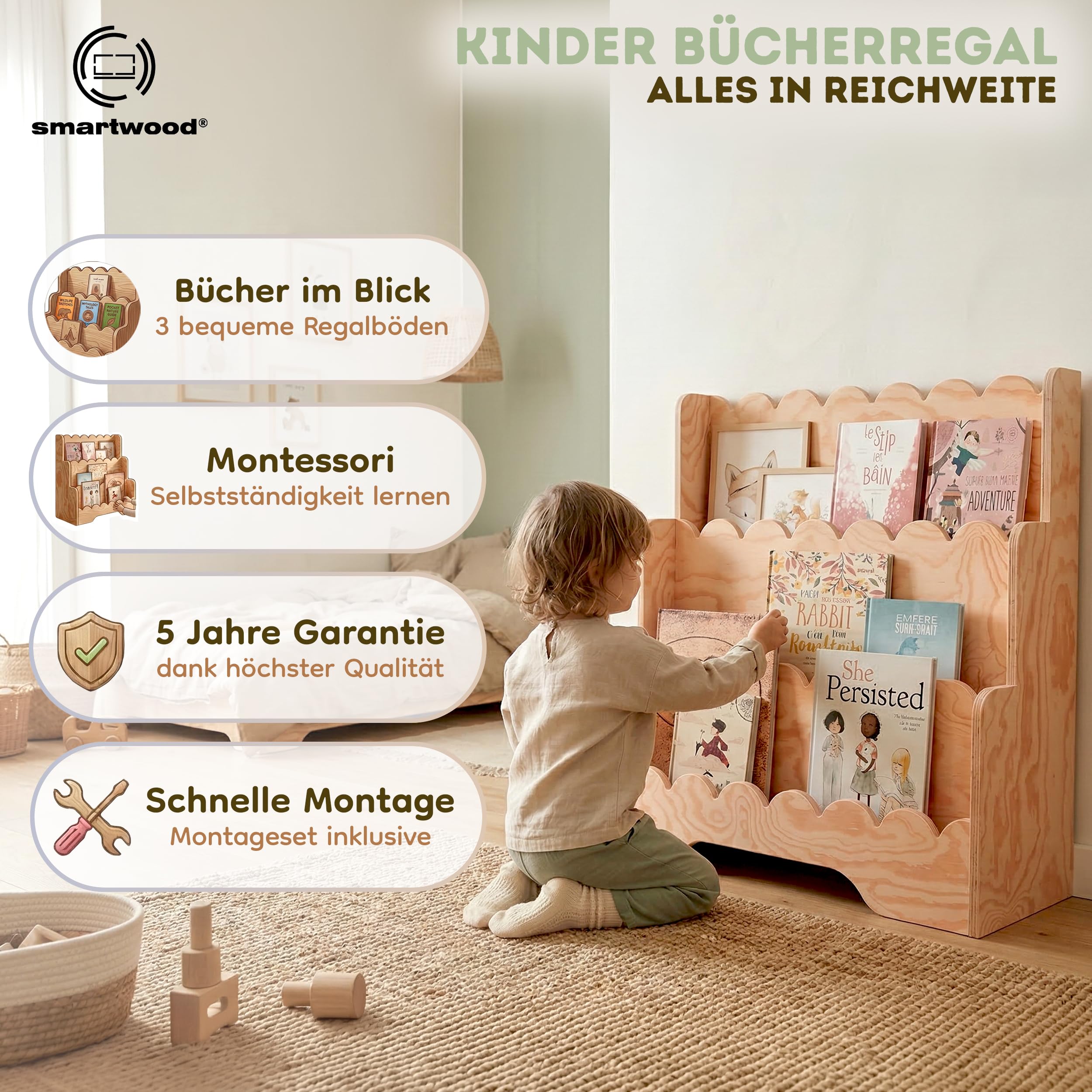 smartwood Montessori Bücherregal Kinder, FSC-Kiefernholz, Natur, LULU | 3-stufig, 64x31,5x71 cm, Einfache Montage, FSC-zertifiziert, bietet Platz für Bücher & Spielzeug, ideal für Kinderzimmer
