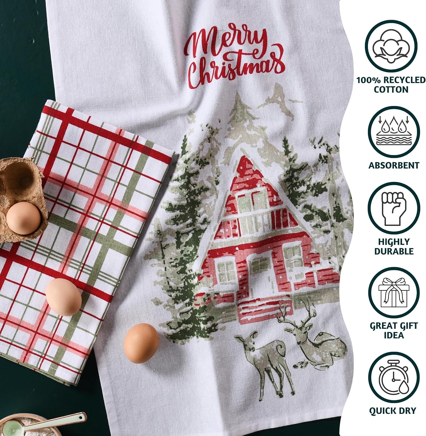 Folkulture Christmas Kitchen Towels Set of 2 | 26 x 20 Boho Dish Towels for Farmhouse | 100% Cotton Hand Towels or Dishcloths | Xmas Decor Gift Set with Reindeer Christmas Theme - Image 2