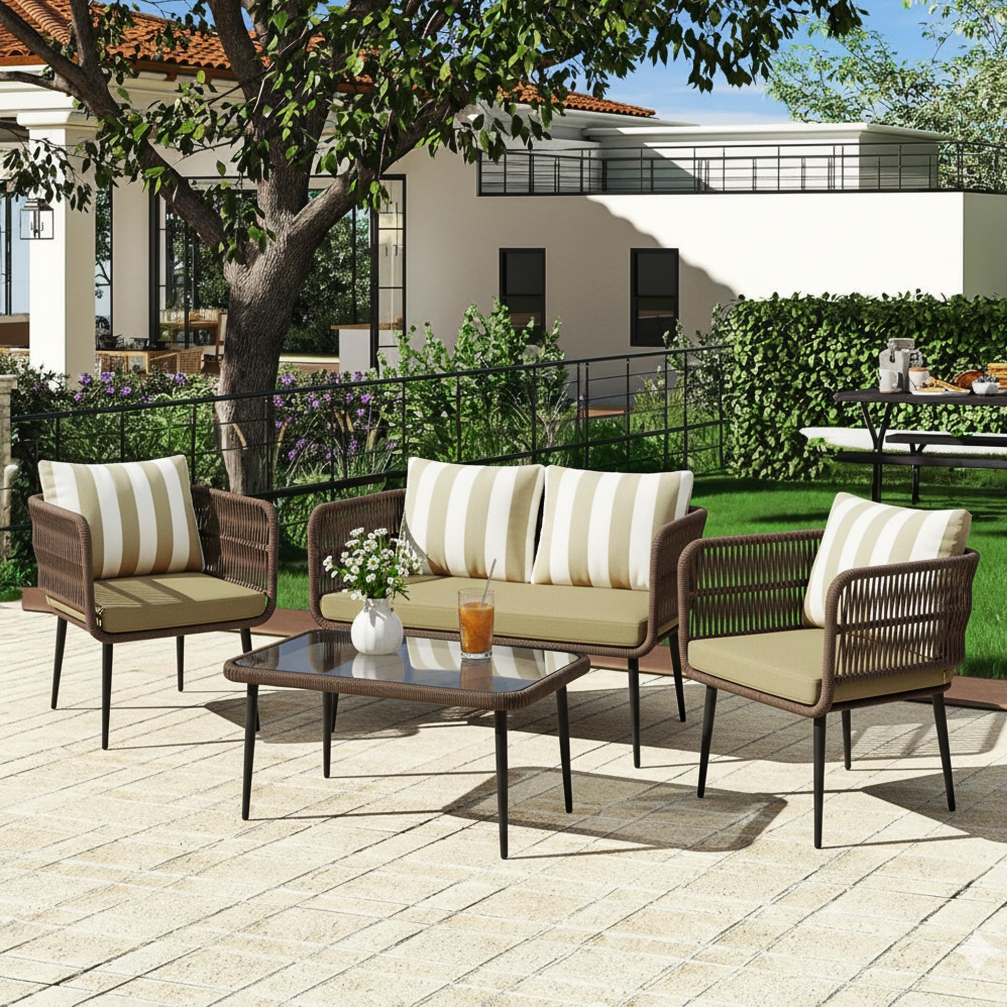 devoko outdoor rope 4-seater sofa set with glass top table & water-resistant cushions, durable metal frame, handwoven rope furniture perfect for garden, patio, pool deck & balcony (brown & cream)
