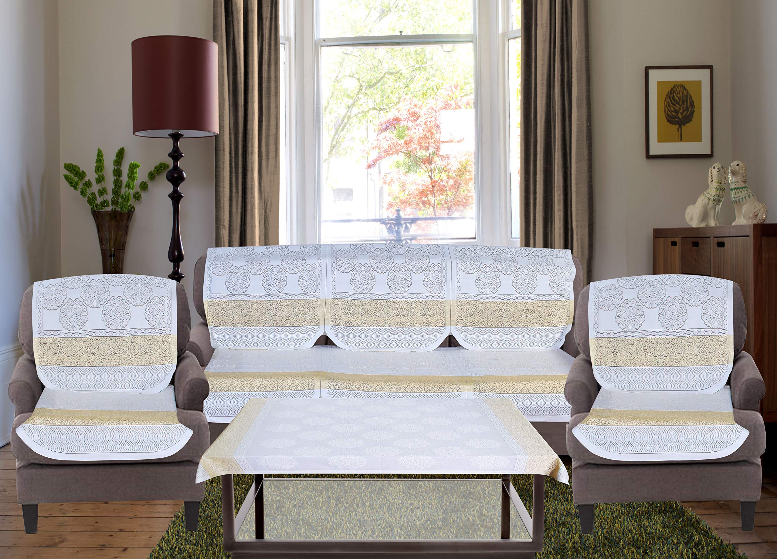 HOMERICA Premium Knitted Sofa Cover for 5 Seater with Table Cover (Gold)