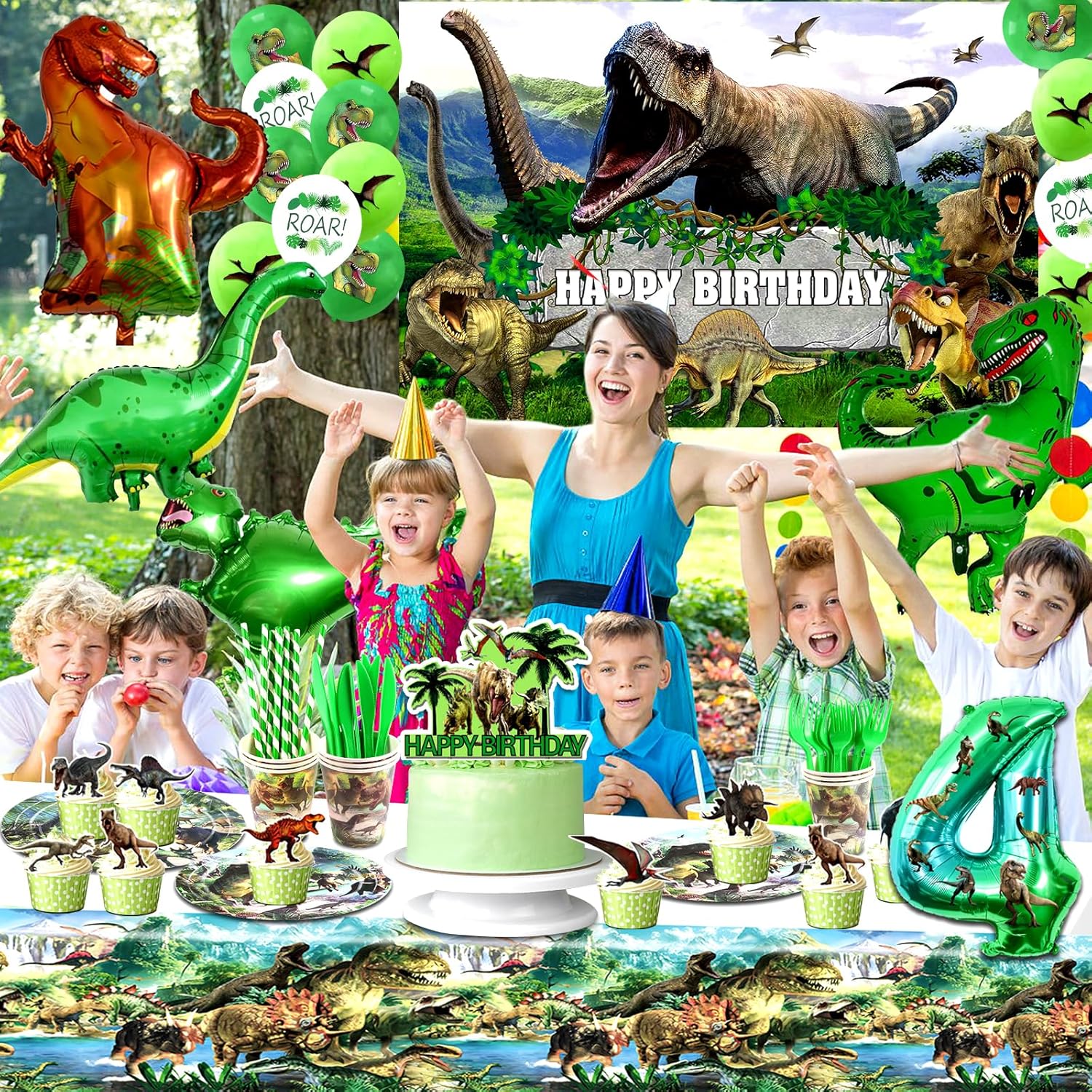 Dinosaur Birthday Decorations, Dino Birthday Party Supplies&Decorations 4 Year Old,Dinosaur Theme Party Decoration Set Include Banner Tablecloth Balloons Cake Toppers Plate Napkin for Kids Party