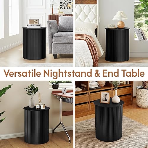 Miniatura 6 de AVZEAR Juego de 2 mesas auxiliares redondas pequeñas acanaladas, mesa auxiliar moderna de mediados de siglo, mesas de noche circulares de madera