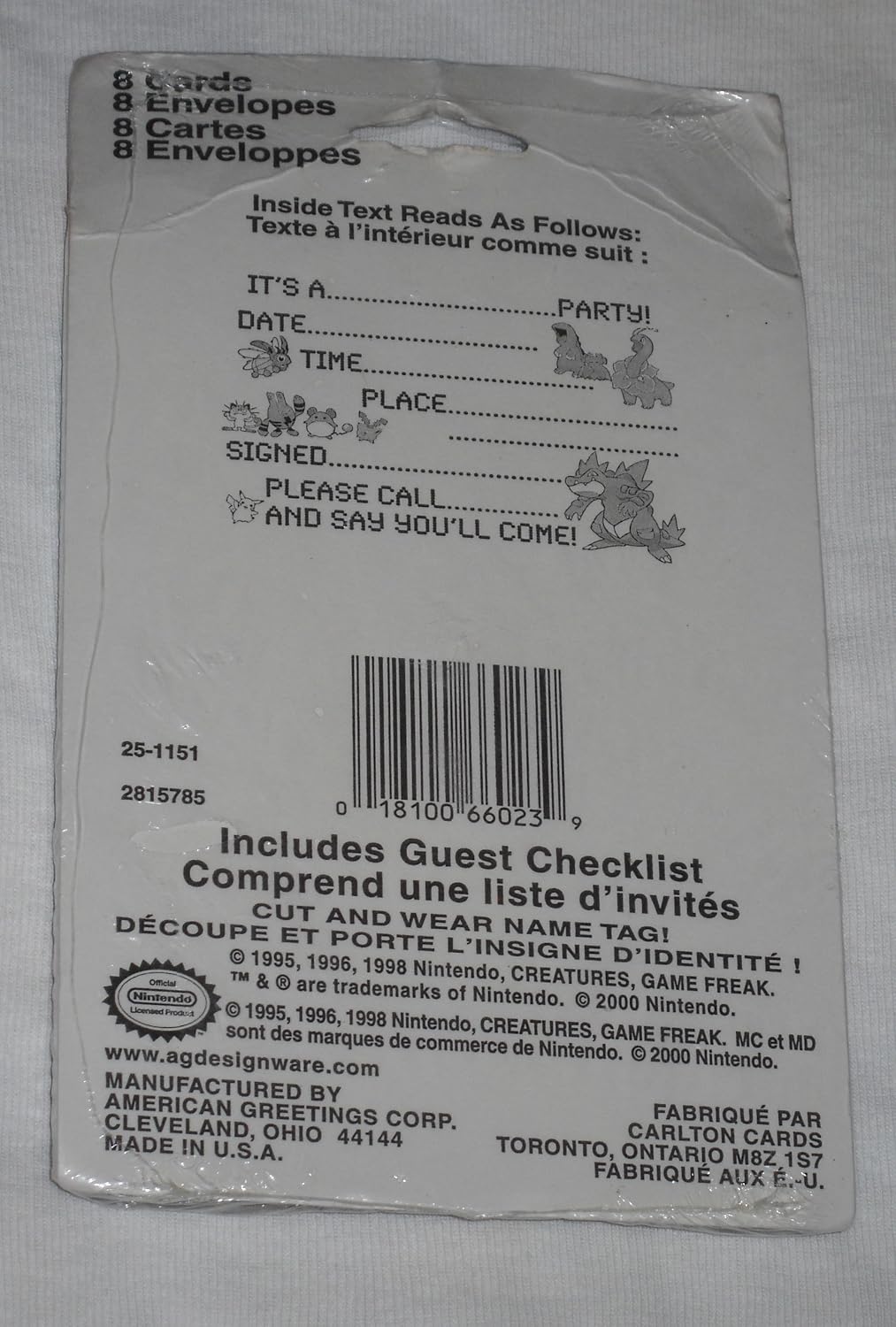 Pokemon Pikachu Party Invitations - 8 Invites & 8 Envelopes