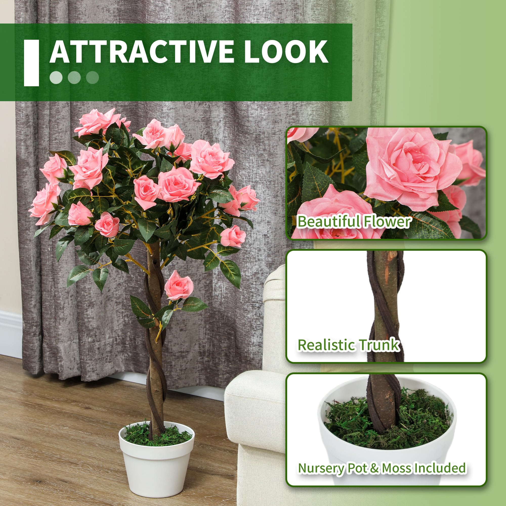 Outsunny 90cm Rosier Artificiel à Tronc torsadé Lot de 2 Rose