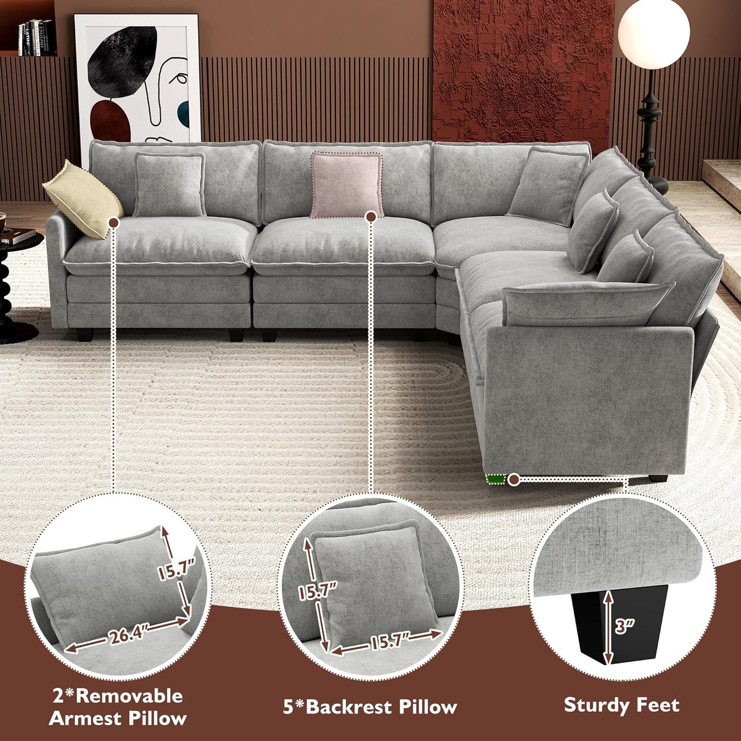 Ihanherry 114" V-Shaped Modern Sofa Modular Sectional Cloud Couch with Corner Section, 5-Seat Chenille Deep Seat Sofa with 5 Pillows for Living Room, Bedroom and Apartment, Grey