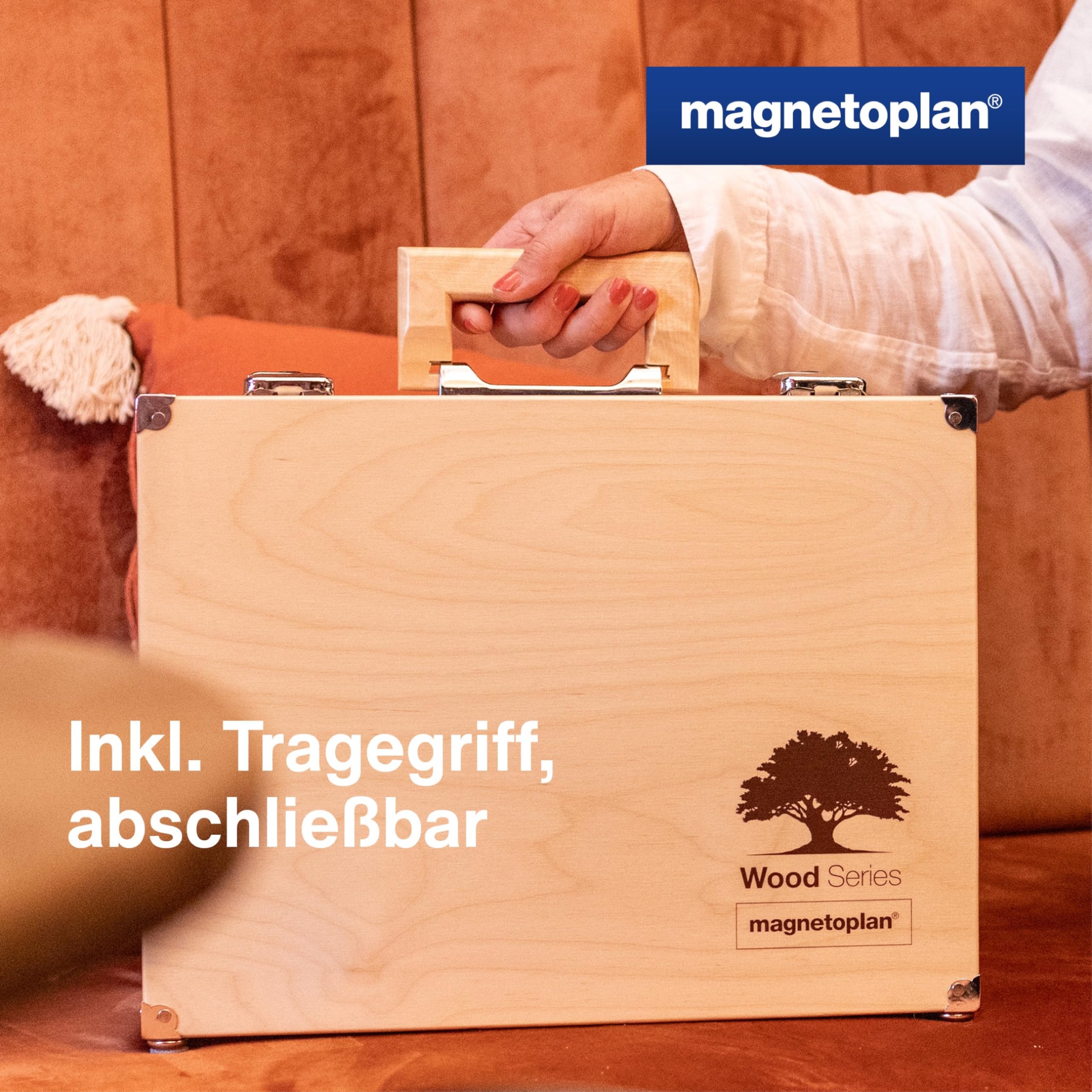 magnetoplan Moderatorenkoffer Wood Series | BxHxT 360x270x170 mm | Aus FSC-zertifiziertem Birkenholz | Mit 2400 Einzelteilen wie Whiteboard Stifte + Moderationskarten für Büro + Präsentation