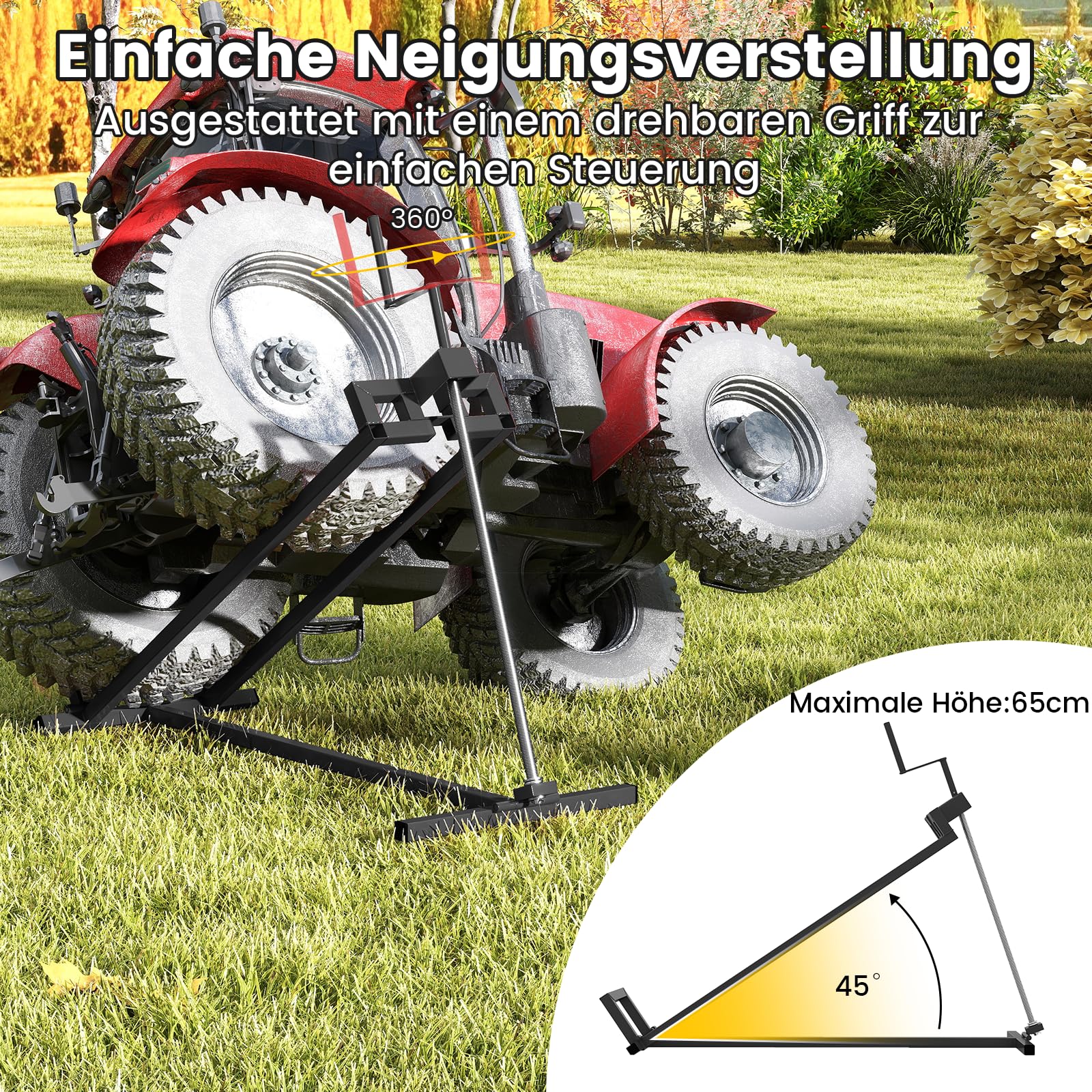 RELAX4LIFE Rasentraktorheber bis 400 kg, stufenlos verstellbar, für Aufsitzmäher bis 45° Neigung, schwarz