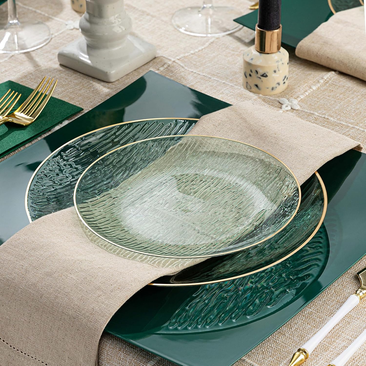PLASTICPRO 24 Pieces Elegant Plastic Plates for Party Green with Gold Rim Includes 7" inch and 10" inch Fancy Plastic Plates Disposable Dinnerware - Image 2