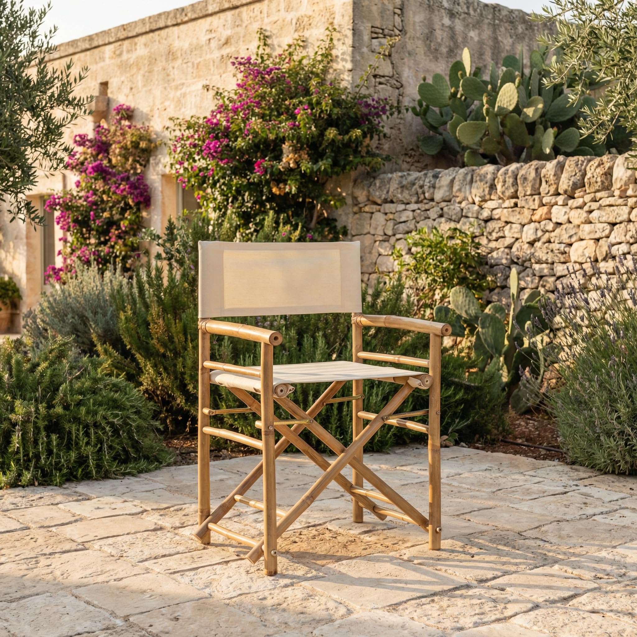 Brigros Estosa - Sedia regista in Bamboo con Telo in Cotone Bianco Set da 2-91x47x44 cm - Design Naturale e Confortevole, poltrona da giardino, poltrona in bamboo (Bianco)