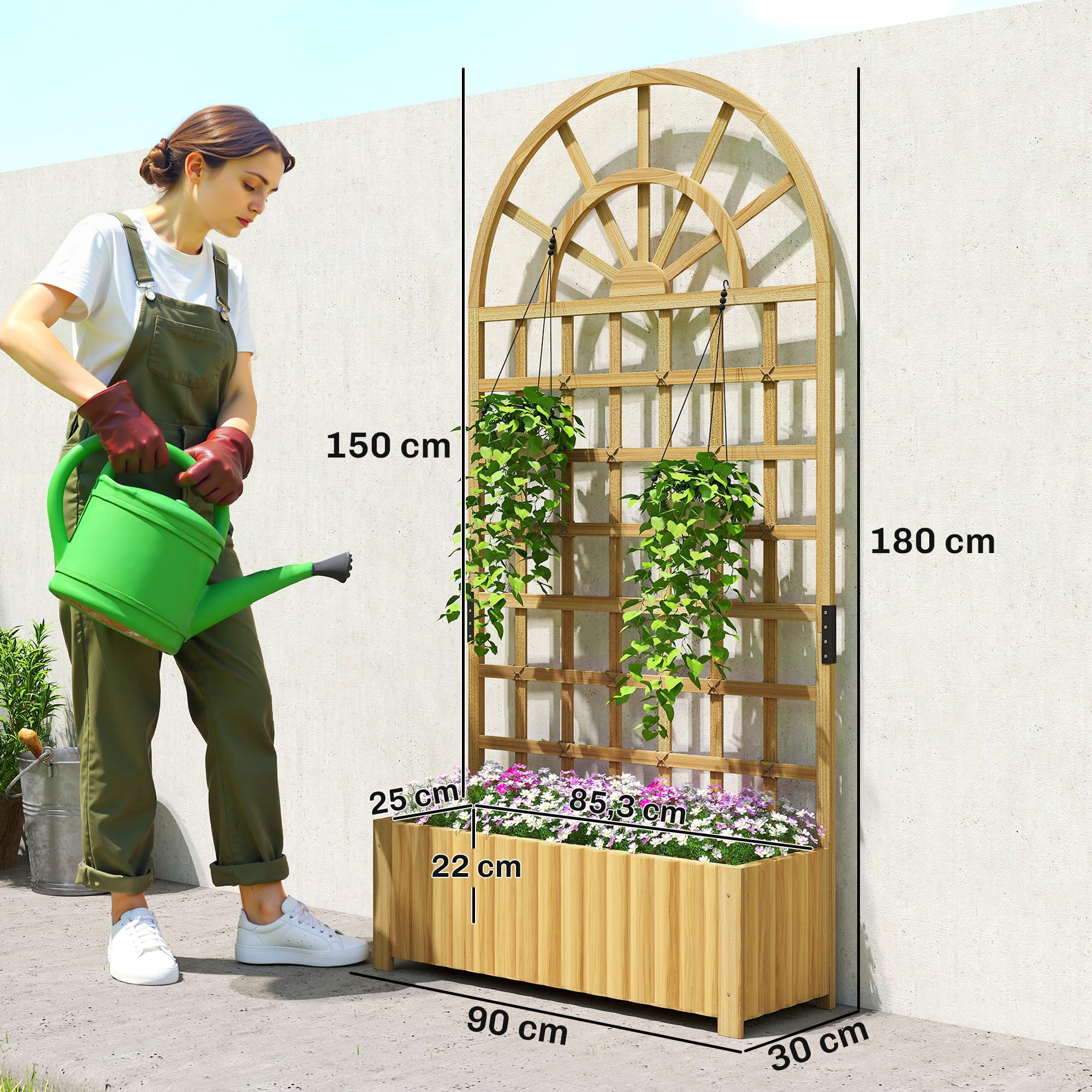 Outsunny Jardinera con Enrejado de Madera, Jardinera Exterior Grande para Plantas Trepadoras, con Ofricios de Drenaje, Macetero Elevado para Jardín, Patio, Terraza, 90x30x180 cm, Natural