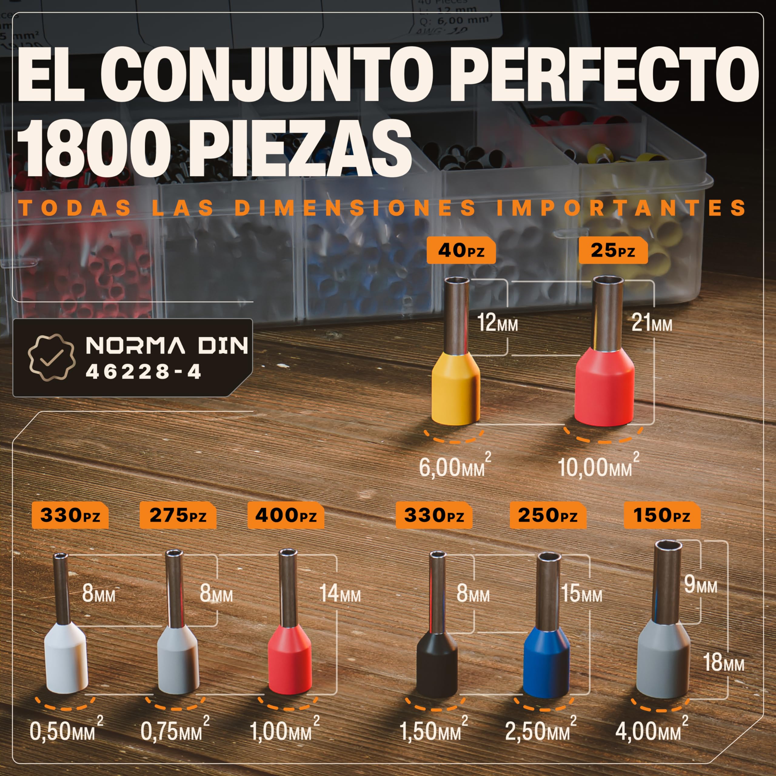 BAURIX® Crimpadora Terminales Eléctricos Kit 1800 punteras 0,25-10 mm² Autoajustable