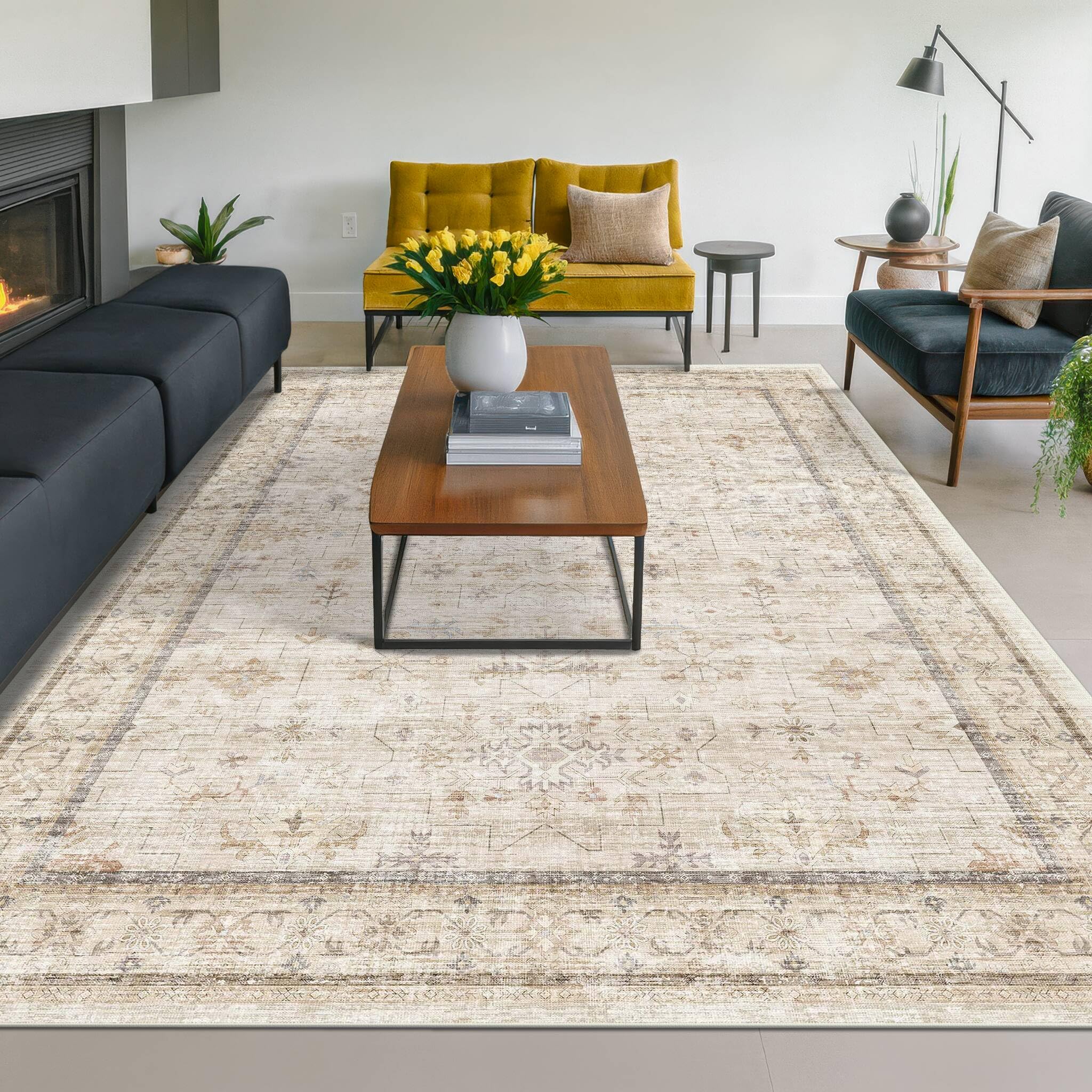 Washable Ivory 6x9 Living Room Rug, Non Slip Dinning Rugs for Under Table, Low Pile Neutral Farmhouse Retro Foldable Carpet for Bedroom, Office